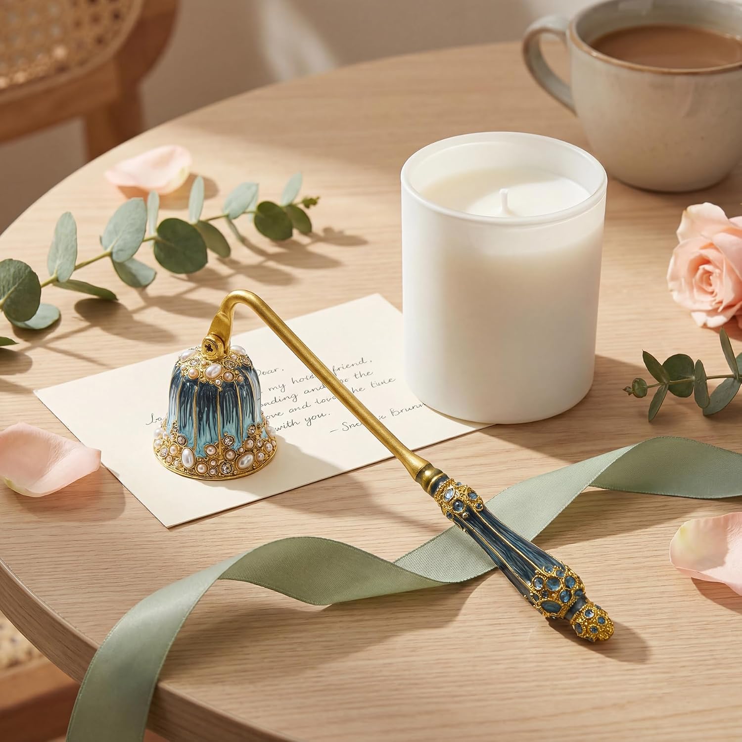 Kingrol Ornate Candle Snuffer with Hand-Enamel Finish, Decorative Zinc Alloy Candle Accessory with Crystal & Pearl Embellishments, Elegant Tool for Gently Extinguishing Candles
