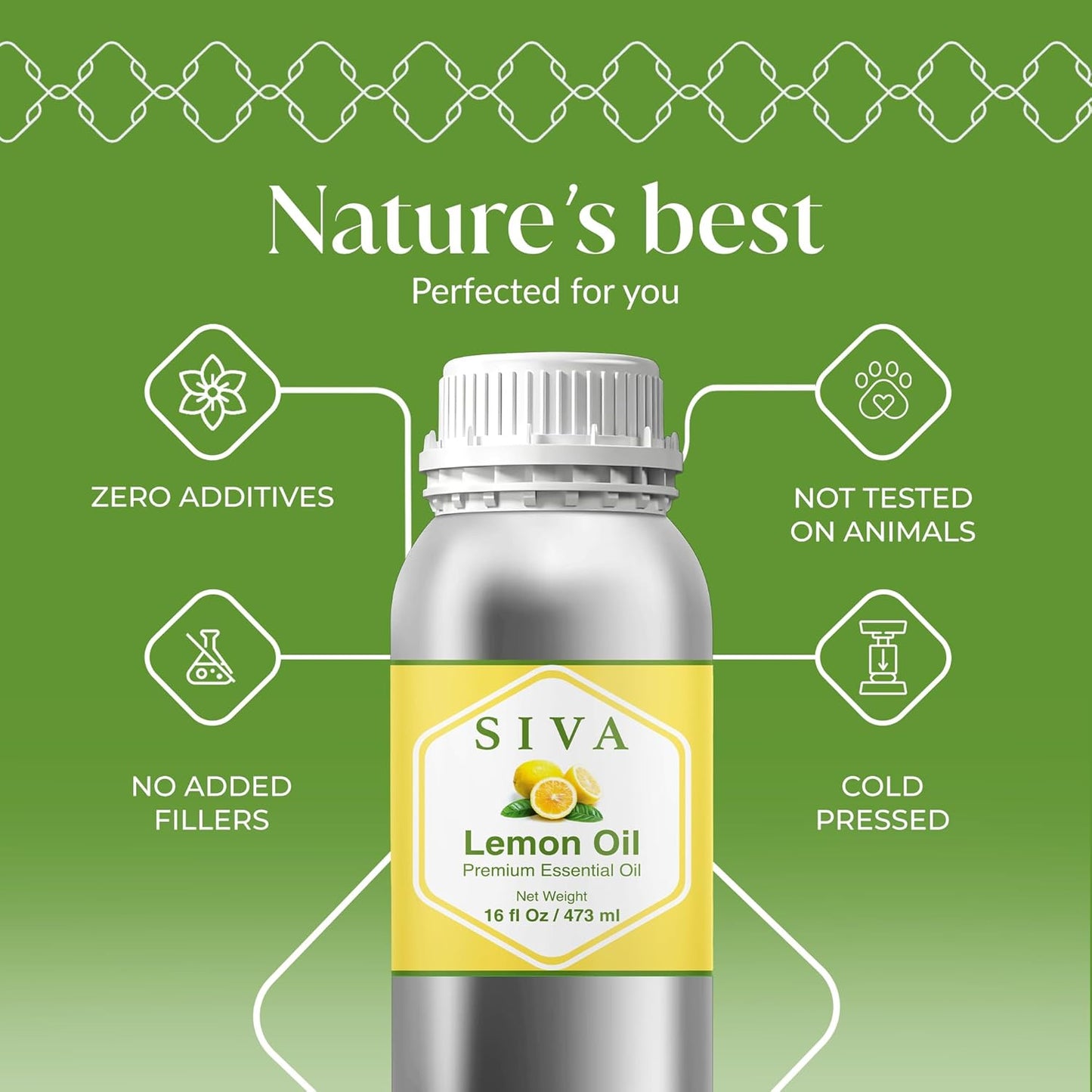 Siva Lemon Essential Oil - 16 Fl Oz – 100% Natural Lemon Oil - for Diffuser, Face, Skin Care, Aromatherapy, Hair Care, Scalp and Body Massage