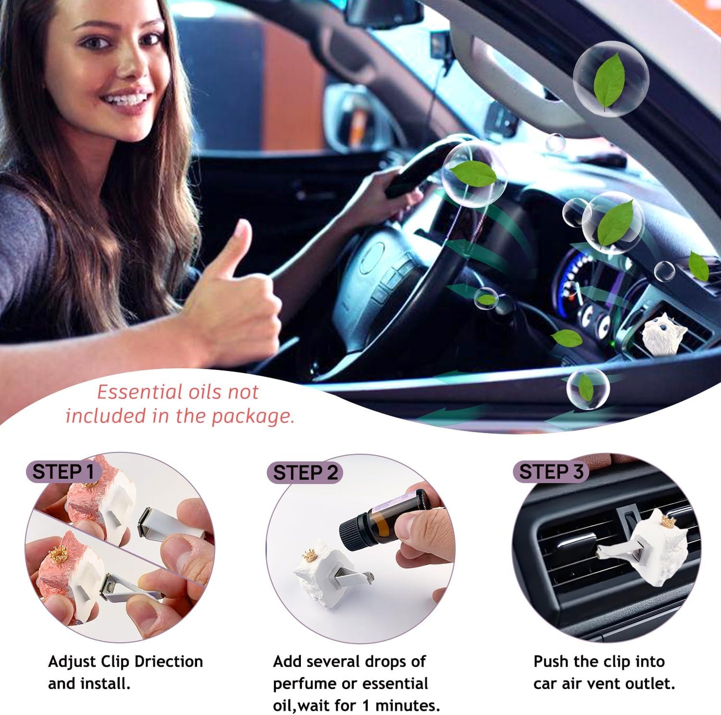 Car essential oil diffuser with vent clip cute kitty gypsum figurine car diffuser car decor air vent clips for women men (Sky blue eyes, one size)