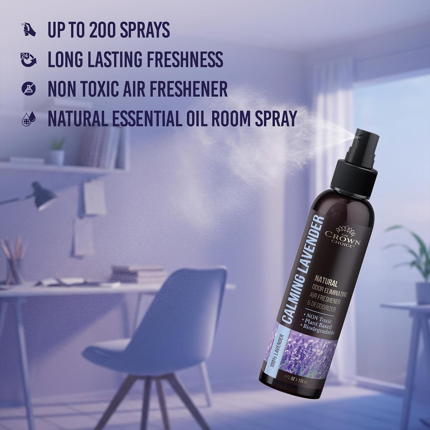 Non-Toxic Odor Eliminator,Natural Lavender Air Freshener Spray for Home,Linen Spray for Bedding, Closet & Couch Deodorizer,Long Lasting Bathroom & Toilet Freshener,Safe for Kids & Pets,2PK,4 Oz each