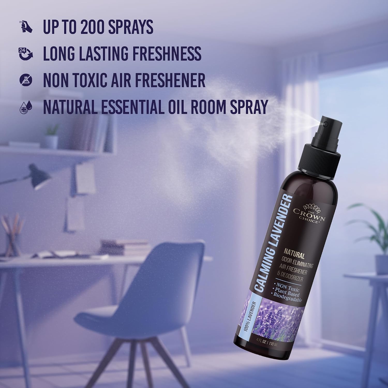 Non-Toxic Odor Eliminator,Natural Lavender Air Freshener Spray for Home,Linen Spray for Bedding, Closet & Couch Deodorizer,Long Lasting Bathroom & Toilet Freshener,Safe for Kids & Pets,2PK,4 Oz each