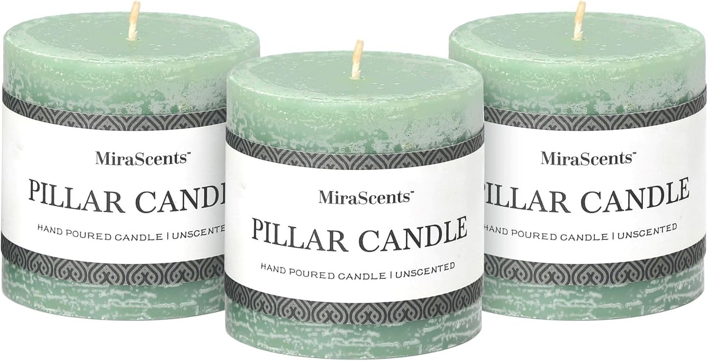 3x3 Inch Sage Green Pillar Candles - Set of 3, Long Clean Burning, Smokeless Dripless Candles for Spring Home Decor, Dinner Table, Bathroom, Rustic Decor
