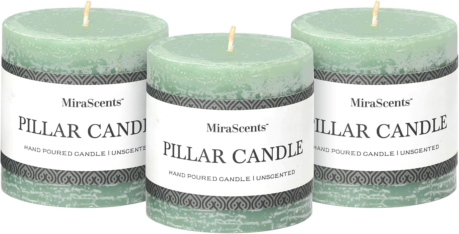 3x3 Inch Sage Green Pillar Candles - Set of 3, Long Clean Burning, Smokeless Dripless Candles for Spring Home Decor, Dinner Table, Bathroom, Rustic Decor