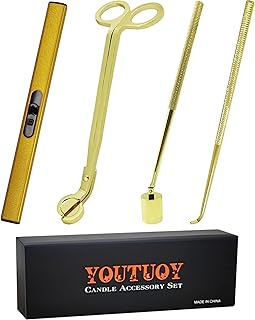 YOUTUOY 4 in1 Candle Accessory Set with Rechargeable Candle Lighter, Candle Wick Trimmer, Candle Wick Snuffer, Candle Wick Dipper, Candle Care Kit (Gold)