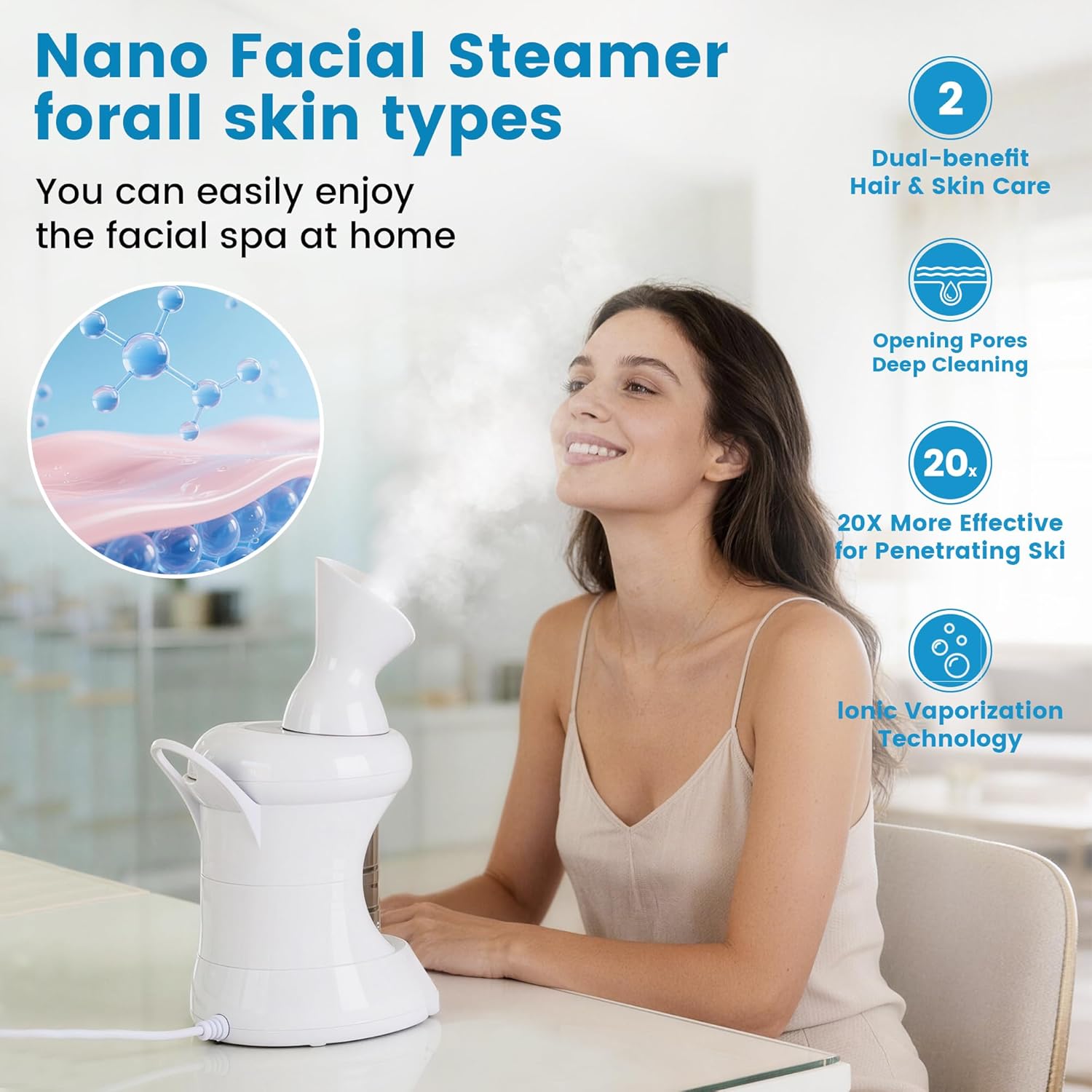2 in 1 Hair and Face Steamer,Nano Ionic Steam for Deep Hydration & Pore Cleansing,Professional Facial Steamer with Timer for Home and Salon Personal Care