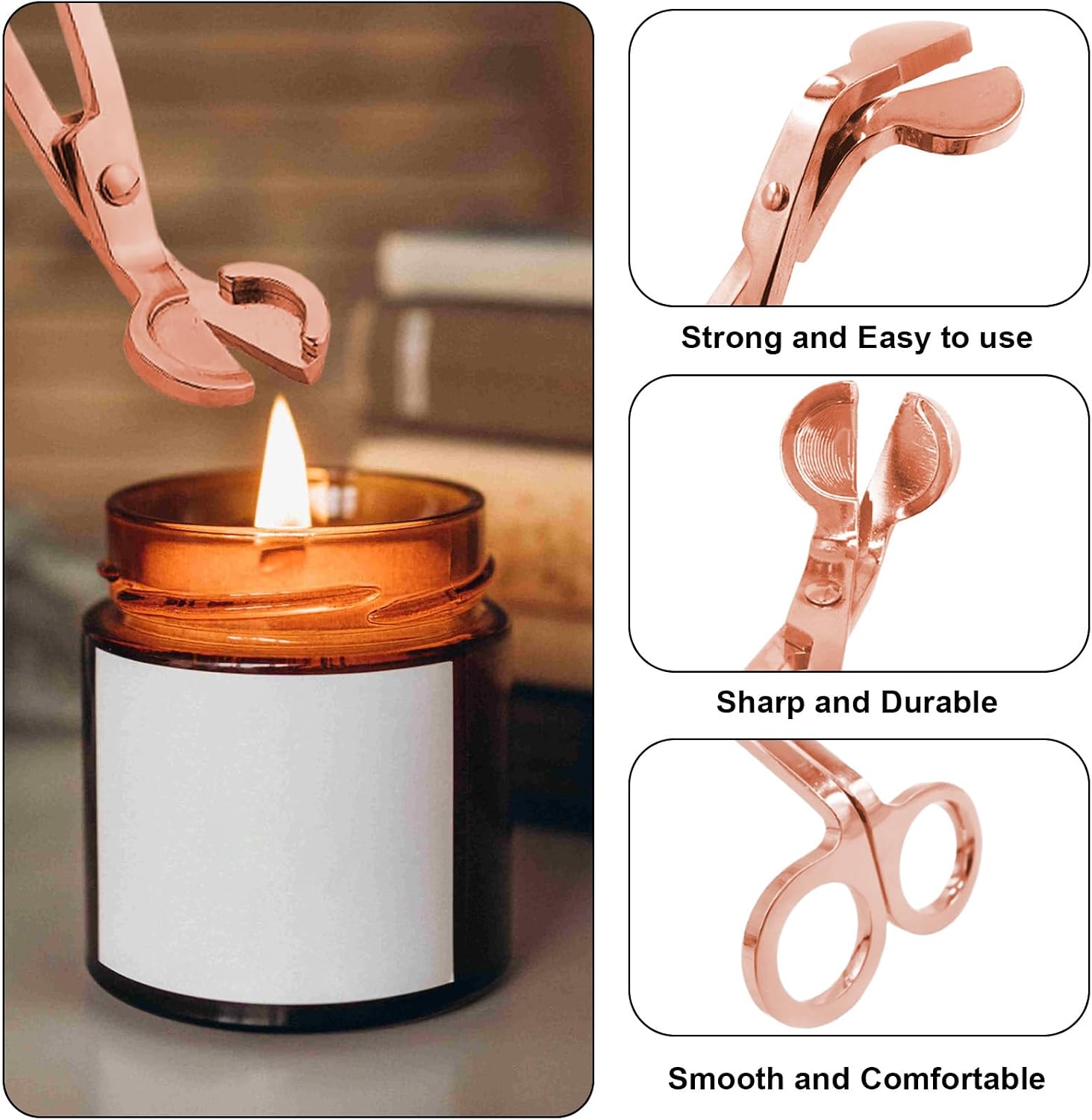 3 in 1 Long Handle Candle Accessories Set，Candle Snuffer and Wick Trimmer ，Wick Cutter，Candle Extinguisher Snuffer (Rose Gold)
