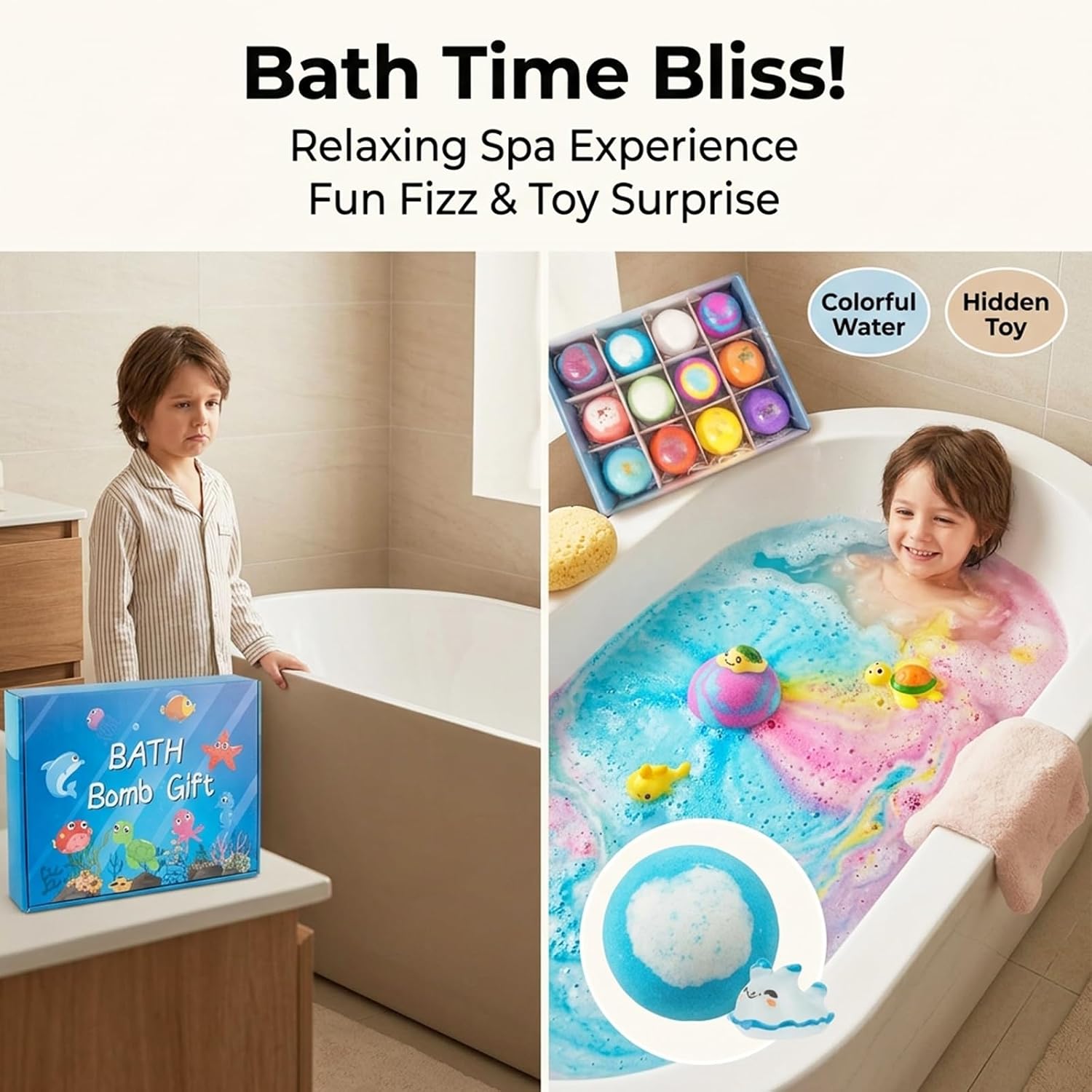 Kids Bath Bombs with Toys Inside, 12PCS Ocean Surprise Series Fizzy Bath Balls, Natural Vegan Essential Oils, Skin Moisturizing Spa Gift Set for Toddler Boys Girls Kids Children Baby