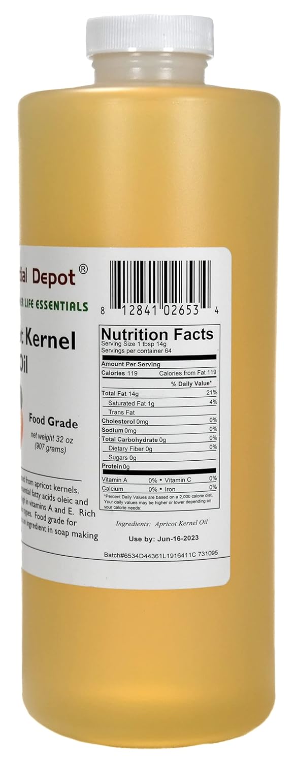 Apricot Kernel Oil - 1 Quart (32 oz) - Food Grade - Safety Sealed HDPE Container with Resealable Cap - 100% Pure and Natural for Hair, Skin, Massage, and Cooking