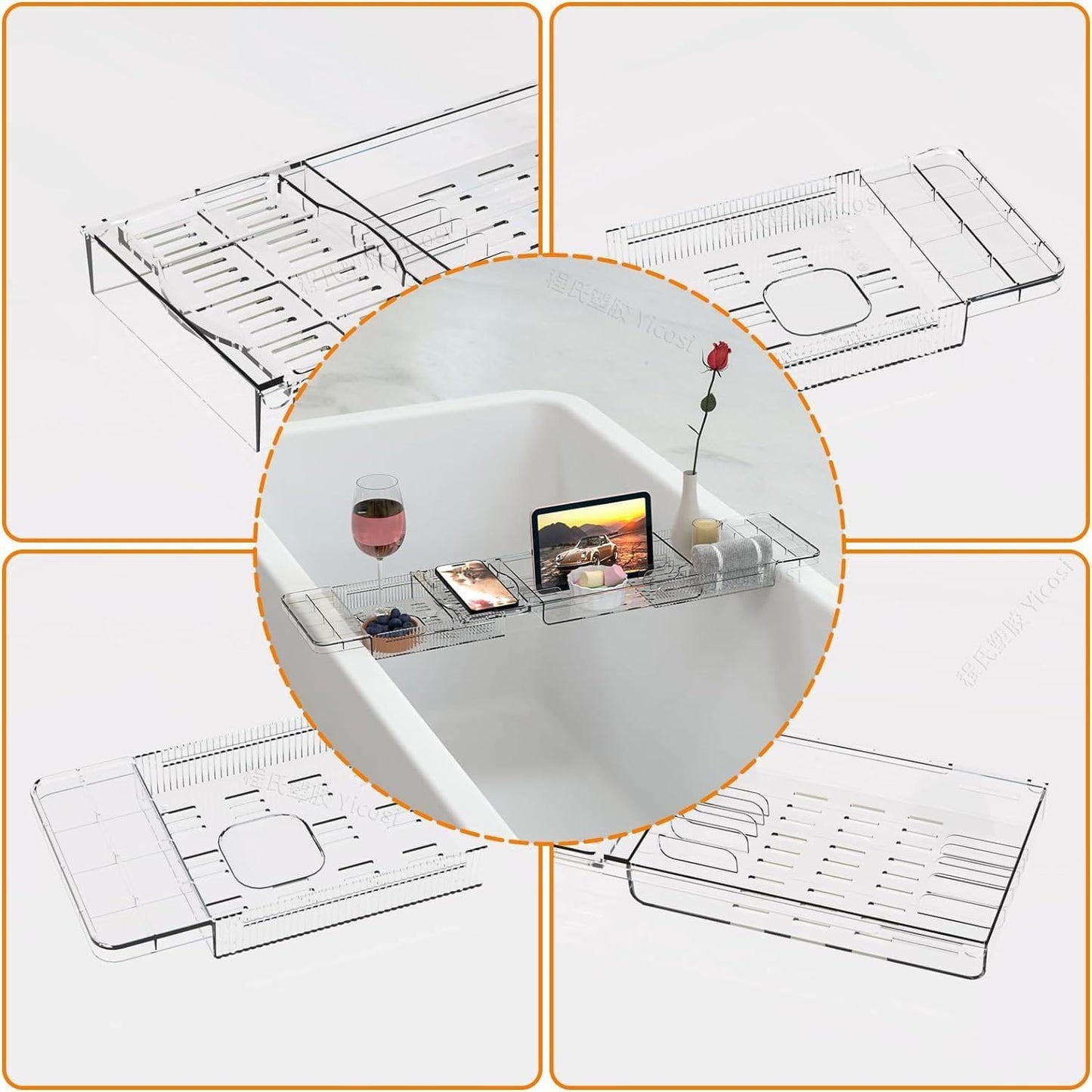 Expandable Bathtub Trays for Tub,Acrylic Bath Shelf Over Tub,with Non-Slip Design iPad Holder for Books Phone，Suitable for Bathtubs with an Internal Width of up to 28 Inch
