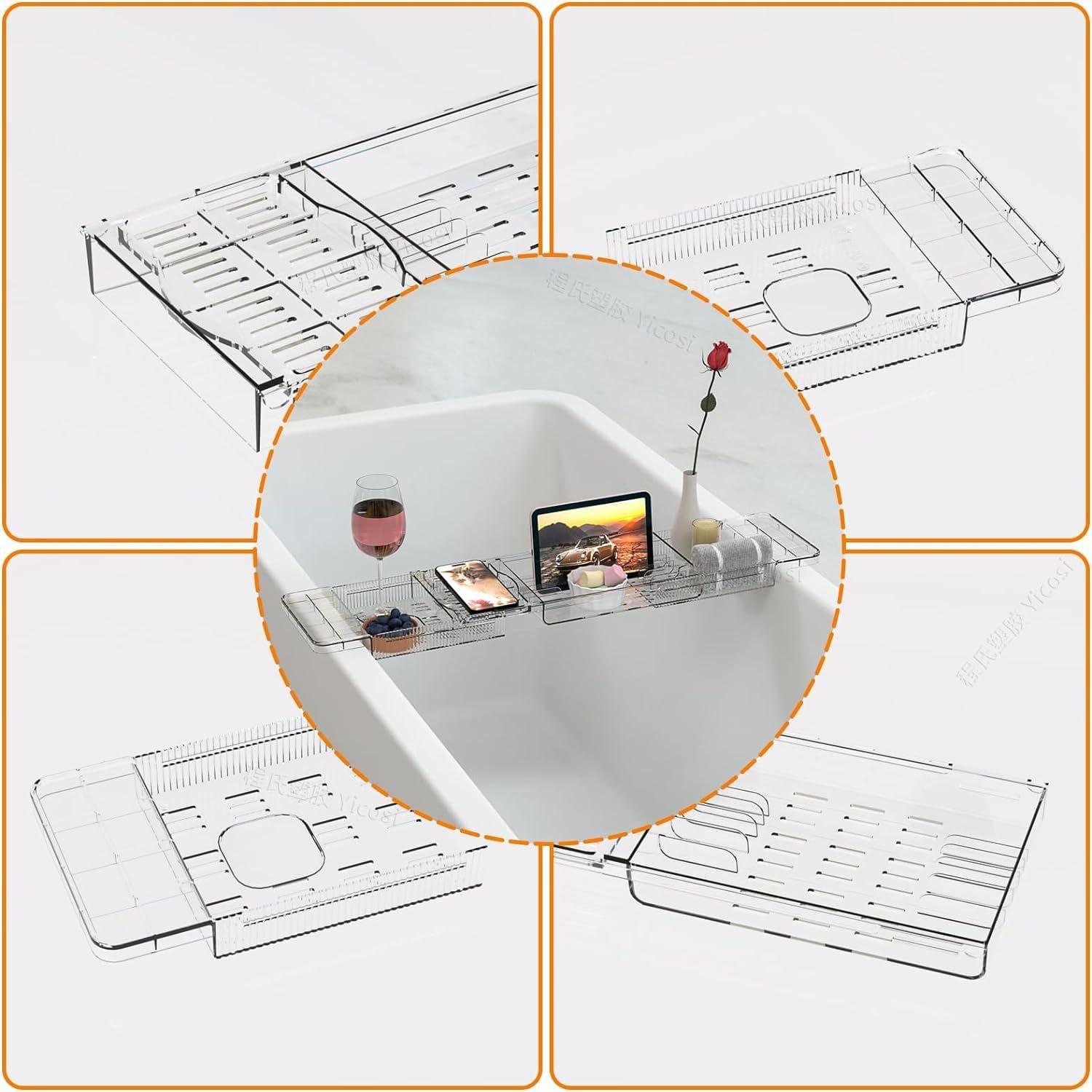 Expandable Bathtub Trays for Tub,Acrylic Bath Shelf Over Tub,with Non-Slip Design iPad Holder for Books Phone，Suitable for Bathtubs with an Internal Width of up to 28 Inch