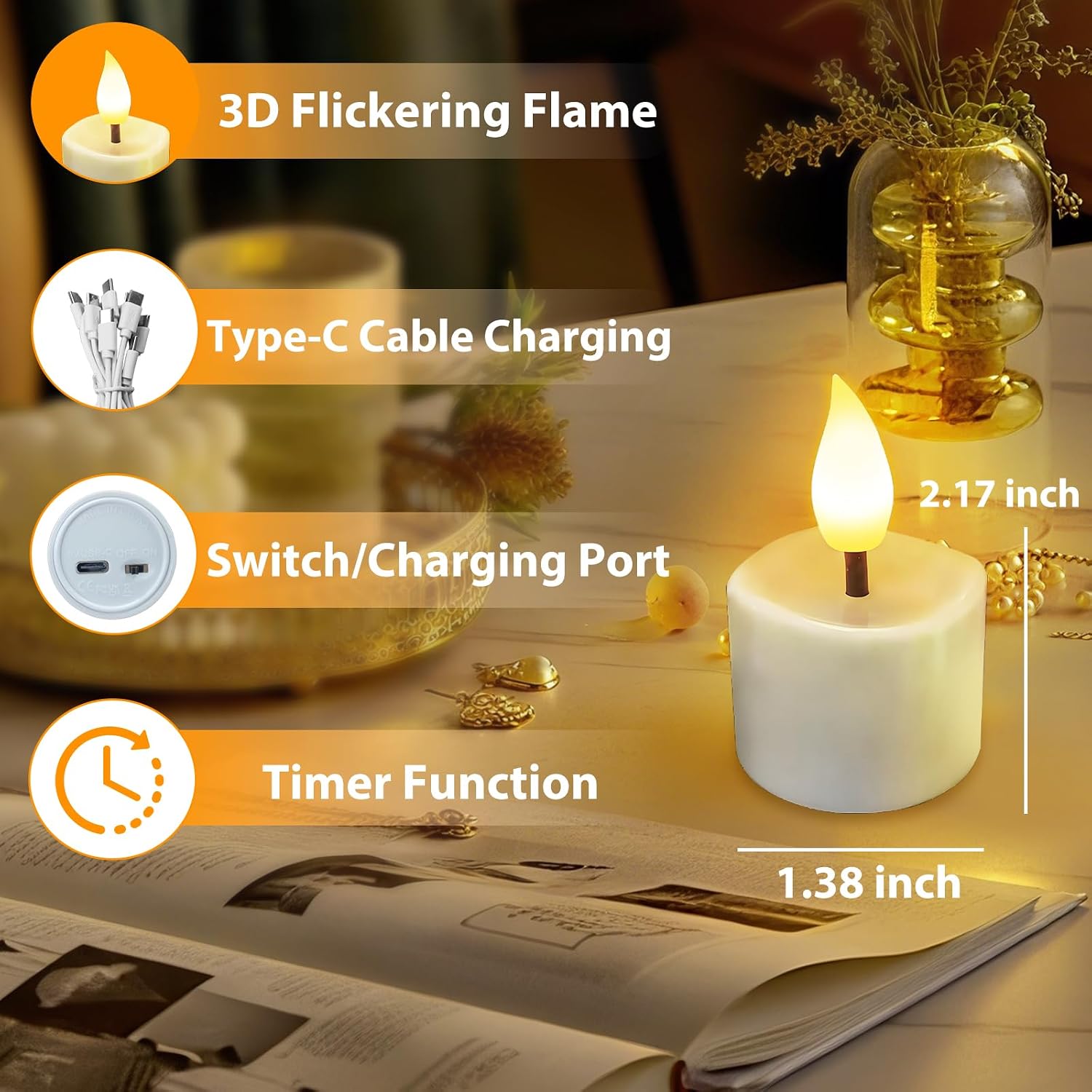JNOEC Rechargeable Flickering Flameless Candles, 8 Pcs Fake Electric Tea Lights with Remote Control and Timer, Safe & Realistic Flame Effect LED Candles for Party, Wedding, Aniversary, Easter Decor