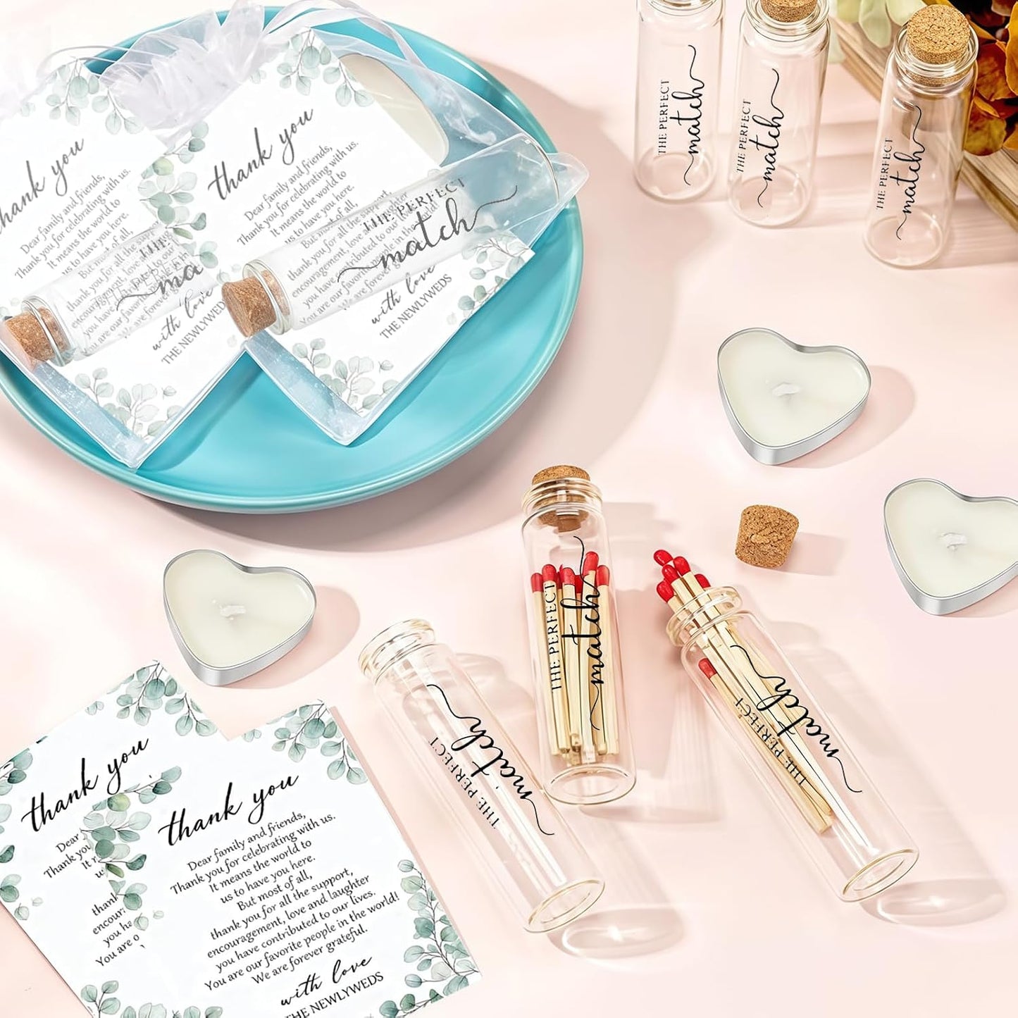 50 Set Wedding Party Favors for Guests Bulk, Mini Heart Shaped Candles Empty Matches Jars with Cork Top Thank You Cards and Organza Bags for Wedding Bridal Shower Guest Souvenir Gift