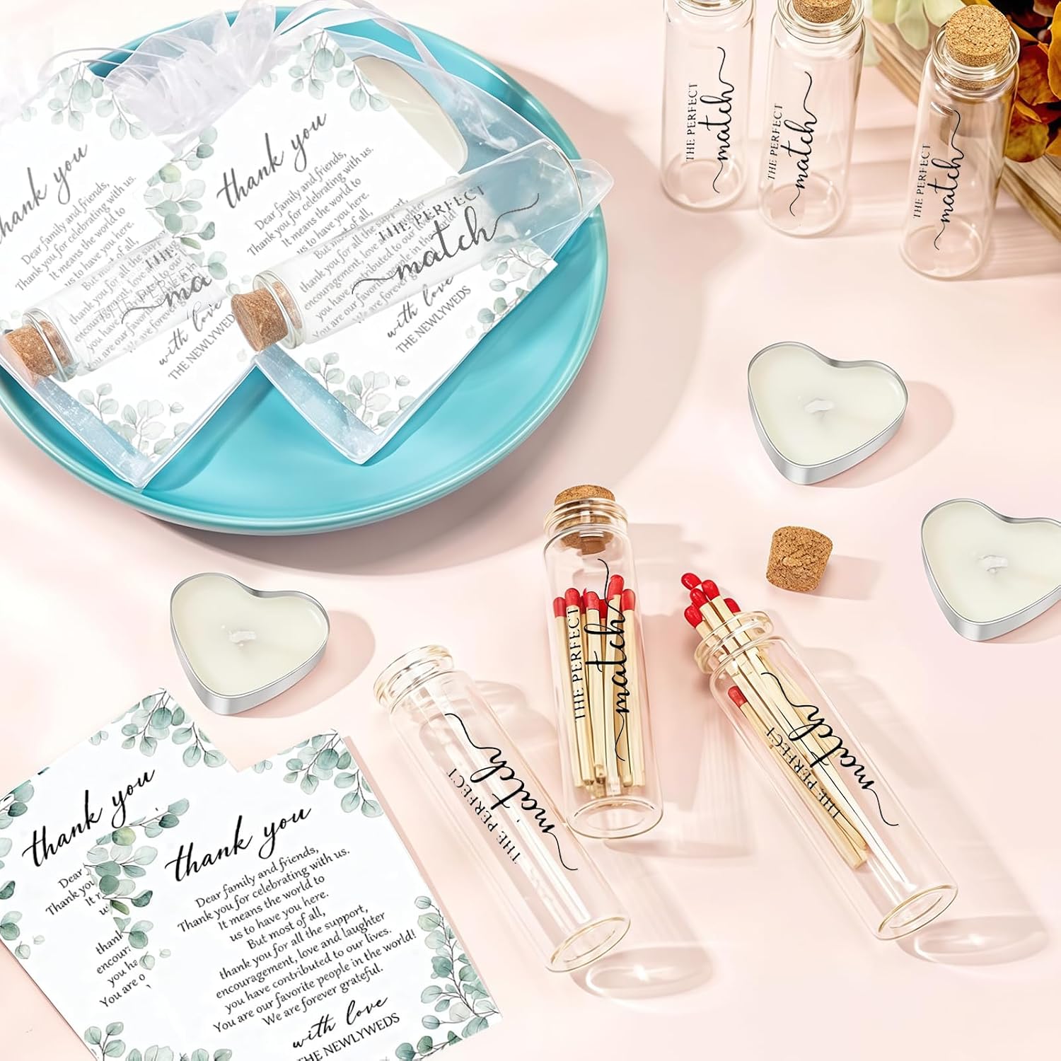 50 Set Wedding Party Favors for Guests Bulk, Mini Heart Shaped Candles Empty Matches Jars with Cork Top Thank You Cards and Organza Bags for Wedding Bridal Shower Guest Souvenir Gift