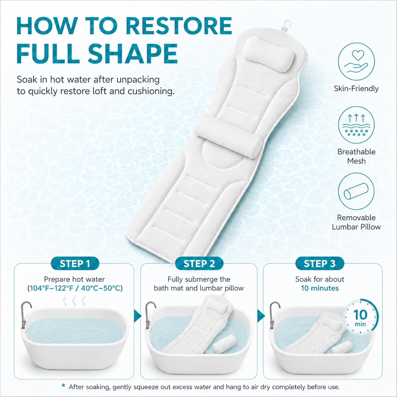 Full Body Bathtub Pillow with Lumbar Support, 5D Air Mesh Bathtub Cushion for Soaking Tub, 168 Suction Cups Full Bath Pillow for Post-Yoga Spa, Deep Relaxation & Romantic Baths