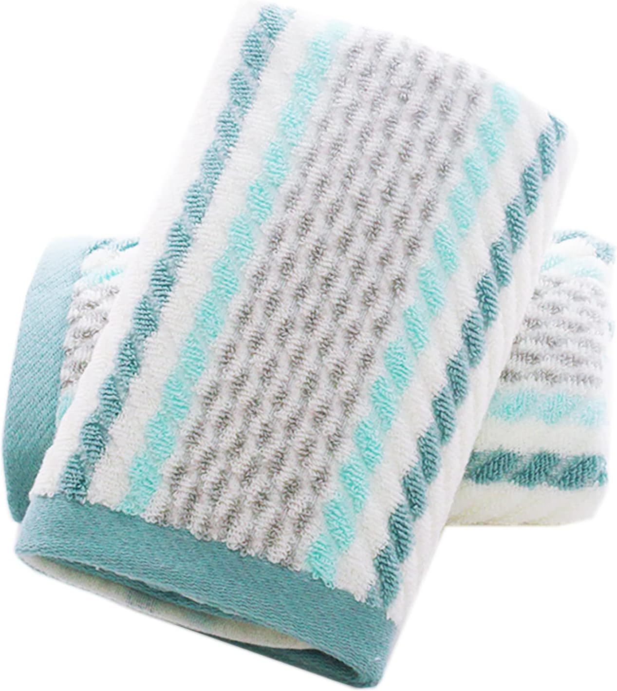 Pidada Hand Towels Set of 2 Striped Pattern 100% Cotton Soft Absorbent Decorative Towel for Bathroom (Green)