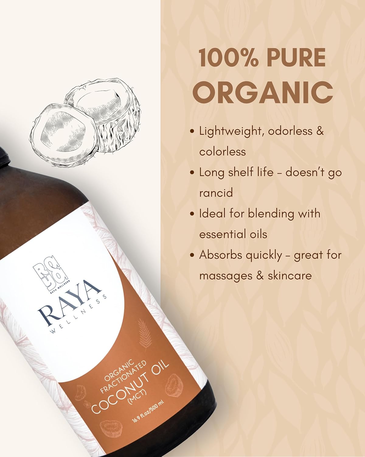 Raya Wellness - USDA Organic MCT Coconut Oil - Fractionated - Cold Pressed, Hexane Free - Glass Bottle - 16.9 fl oz (500 ml)
