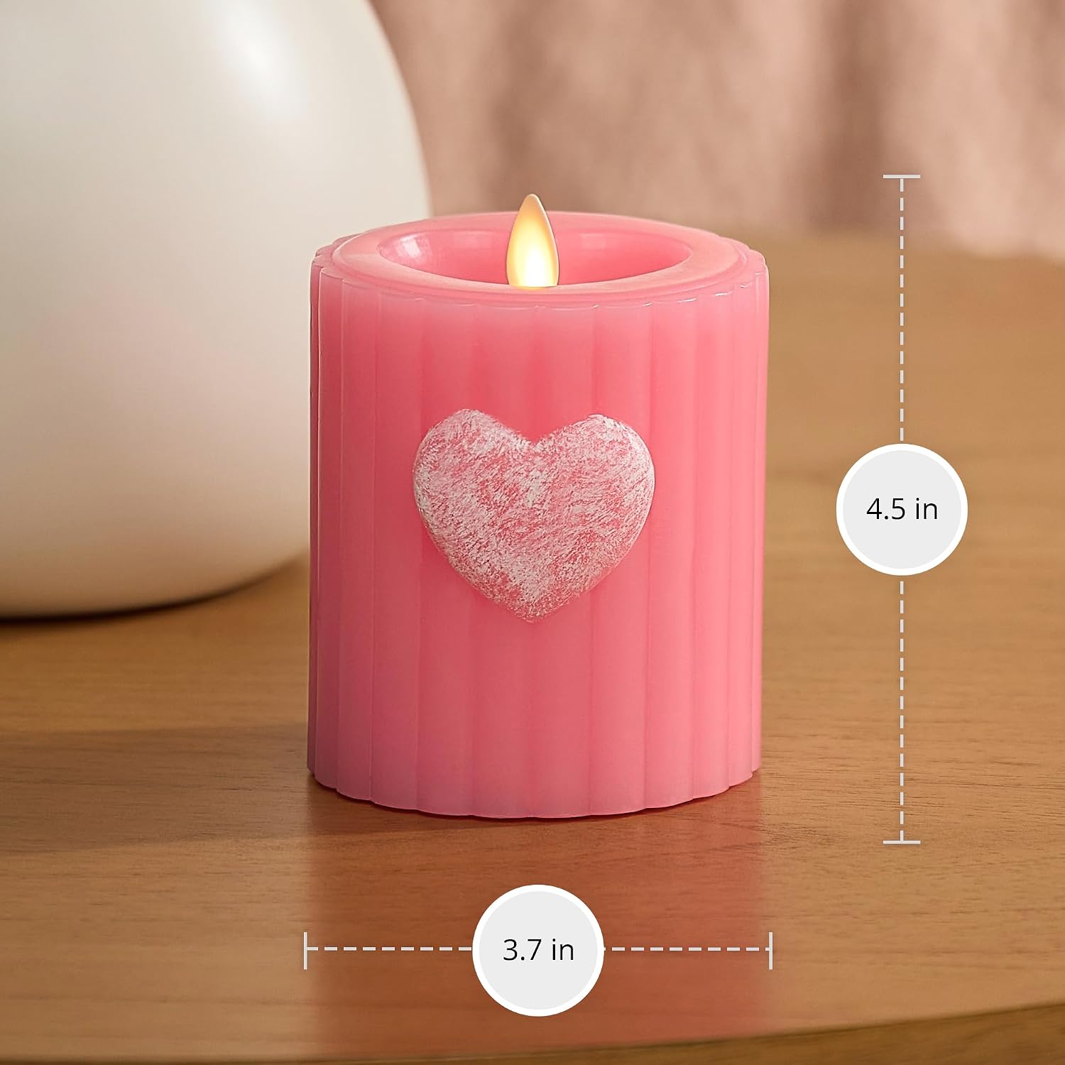 Luminara Flickering Flameless 3.7" x 4.5" Pillar Candle, Battery Operated Remote Ready (Sold Separately) & Timer Function, LED Light, Ribbed Real Pink Wax w/Embossed Heart Design for Valentine's Day