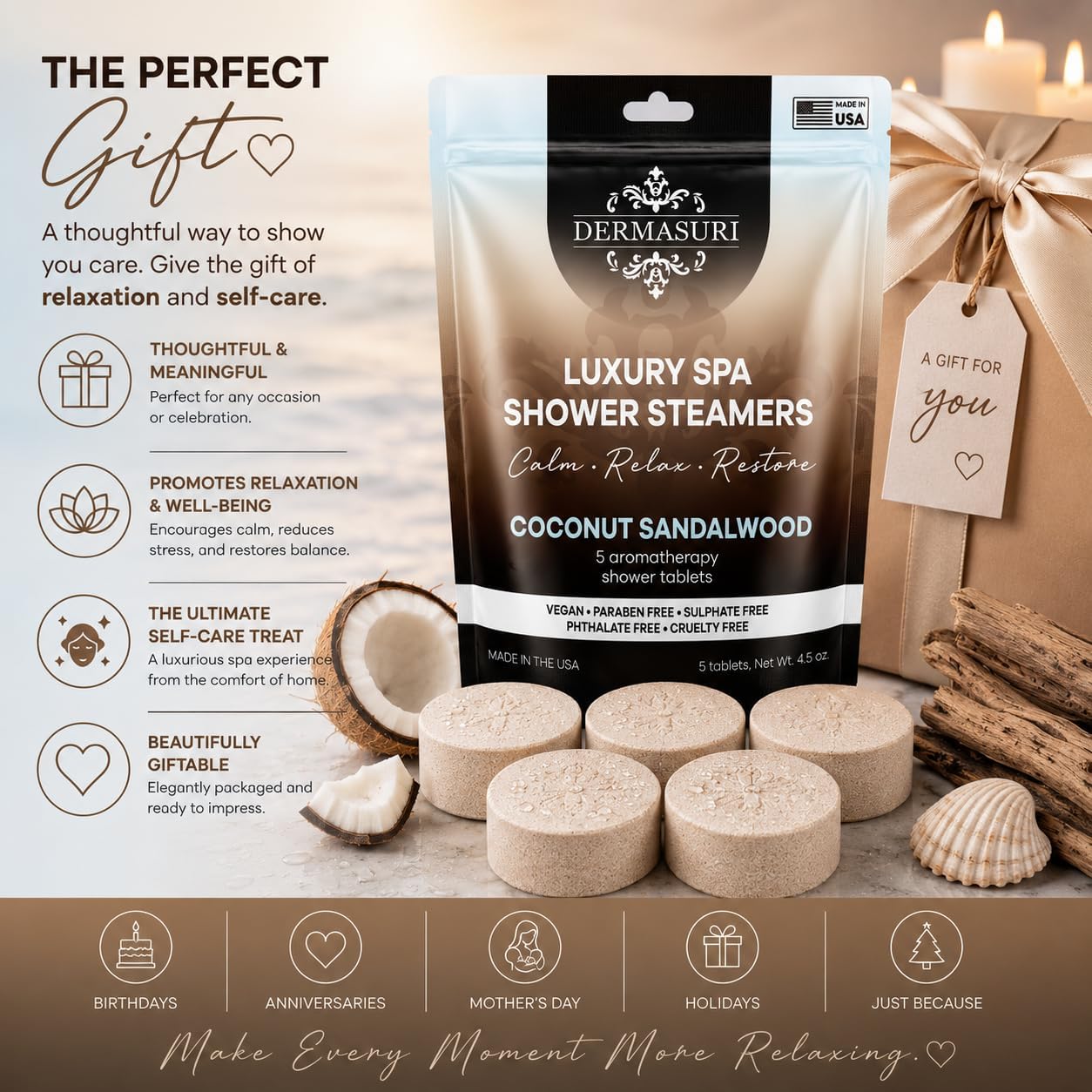 Shower Steamers Aromatherapy, Essential Oil Pods Infused for Relaxation, Shower Pods Aromatherapy - Calming, Stress Relief & Self Care Gifts for Women - Coconut Sandalwood