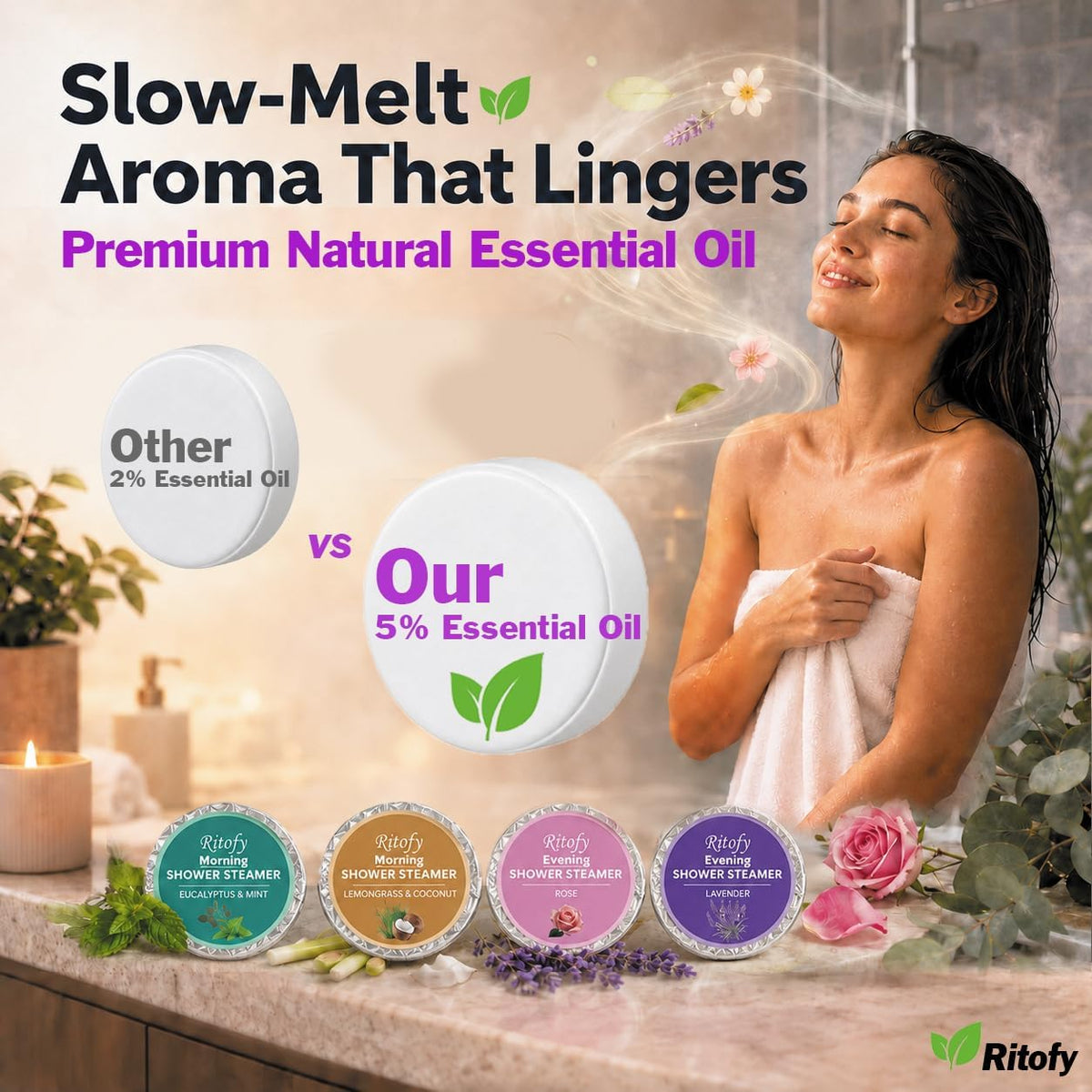 Shower Steamers Aromatherapy AM &amp; PM, 12 Pack Individually Wrapped Long-Lasting Aroma Shower Bombs Tablets Set, Gift for Women, Self Care Lavender, Rose, Lemongrass Coconut, Eucalyptus Mint