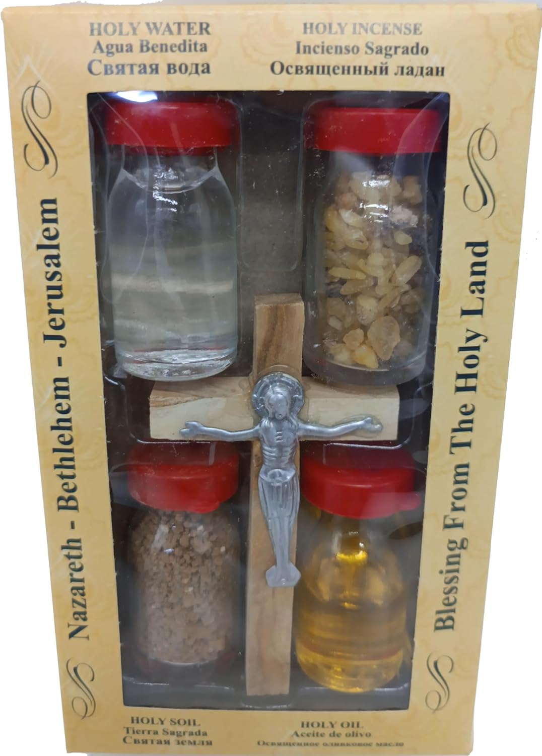 Zuluf Holy Land Set 5 in 1 Olive Wood Cross Set with 4 Bottles - Oil, Jordan Water, Holy Earth and Incense from Jerusalem | Catholic Orthodox Blessing Set from Israel | Religious Israel Gift HLG005