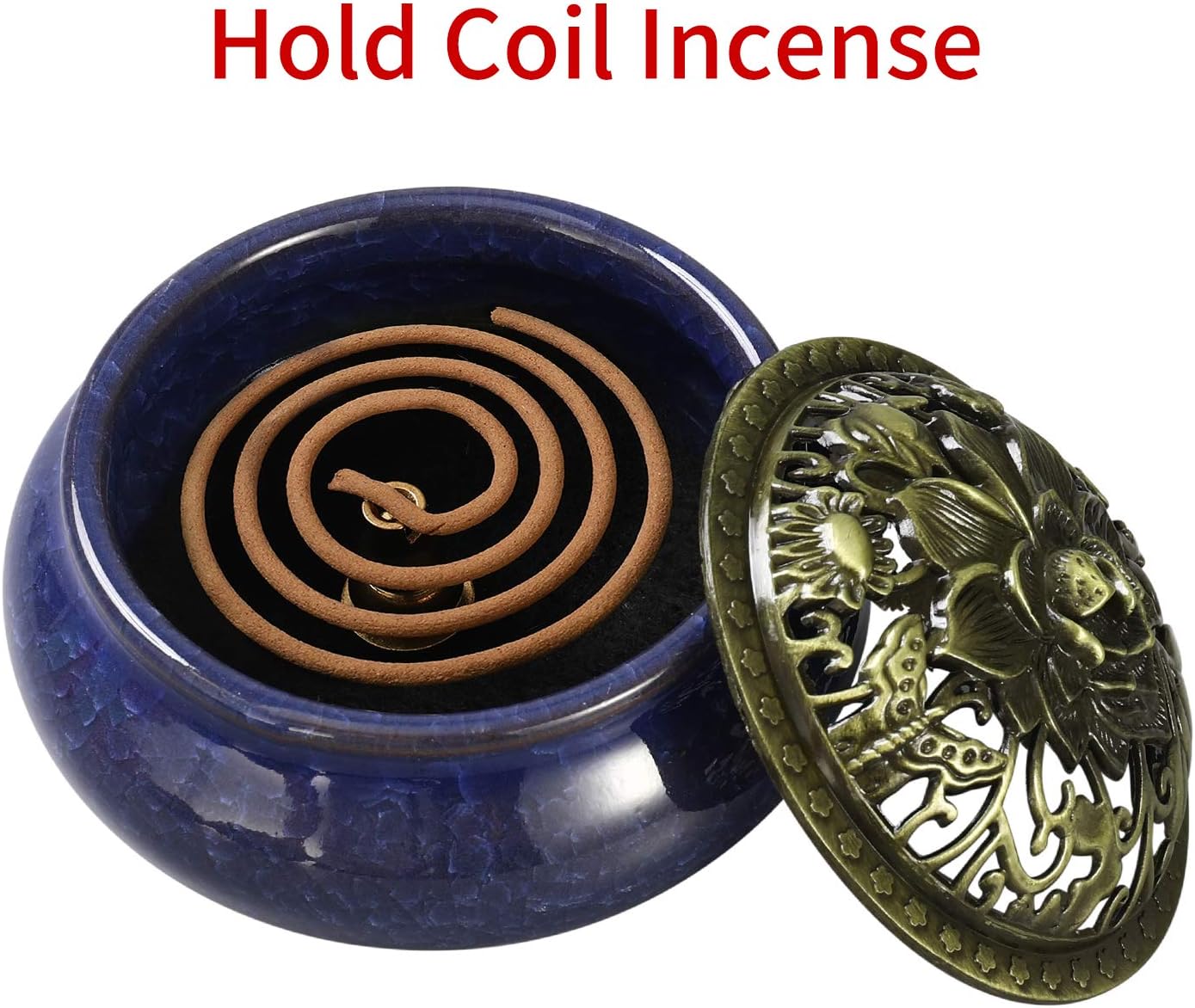 Miupoo Incense Burner and Cone Incense Holder with Brass Incense Stick Holder Ceramic Ash Catcher (Dark Blue)