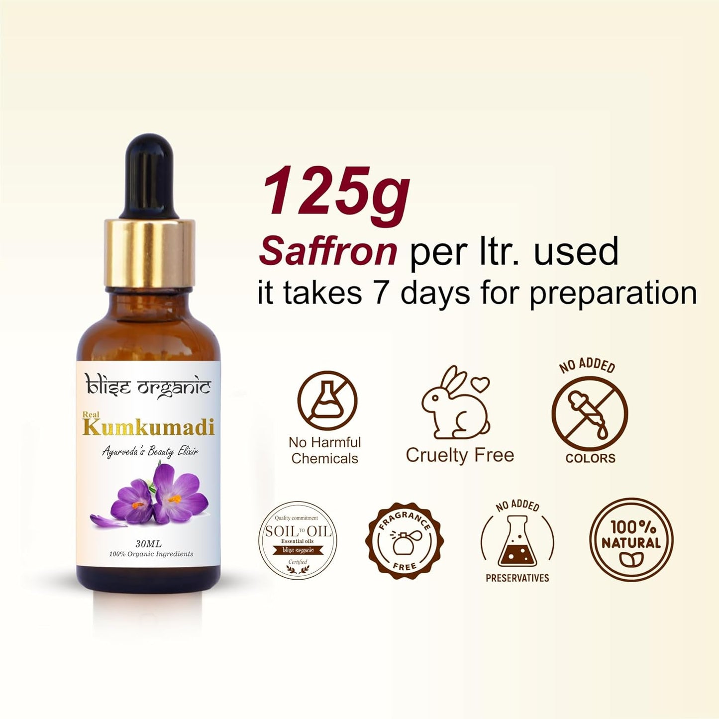 Blise organic Real Kumkumadi oil - 100% Pure and Natural, Chemical Free, Serum Face Oil, Made with Potent and Rare 30 wild Herbs, Enriched with Saffron and sandalwood and, Non GMO