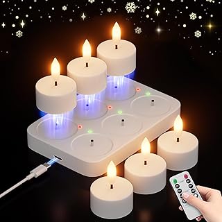 Rechargeable Flameless Tea Lights Candles with Charging Station 6Pcs Battery Tea Lights Candles with Remote & Timer LED Tealight Flickering Realistic for Home Christmas Wedding Decor - White