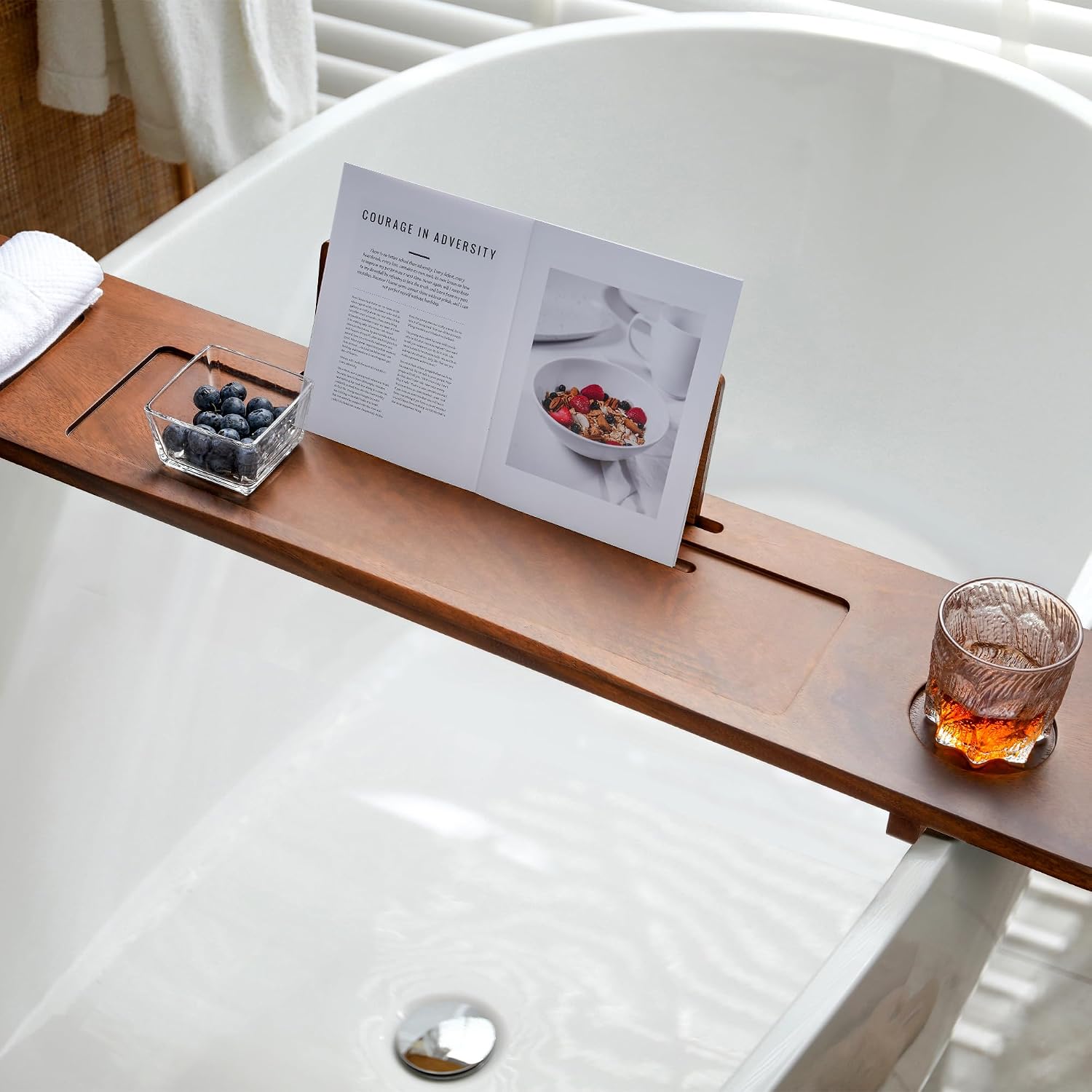 Wood Bathtub Tray Caddy - 35" Non-Slip Luxury Bath Board for Freestanding Tub - Premium Wood Bathtub Organizer with Wine Glass, Book & Phone Holder for Spa Relaxation, Gift Ideas