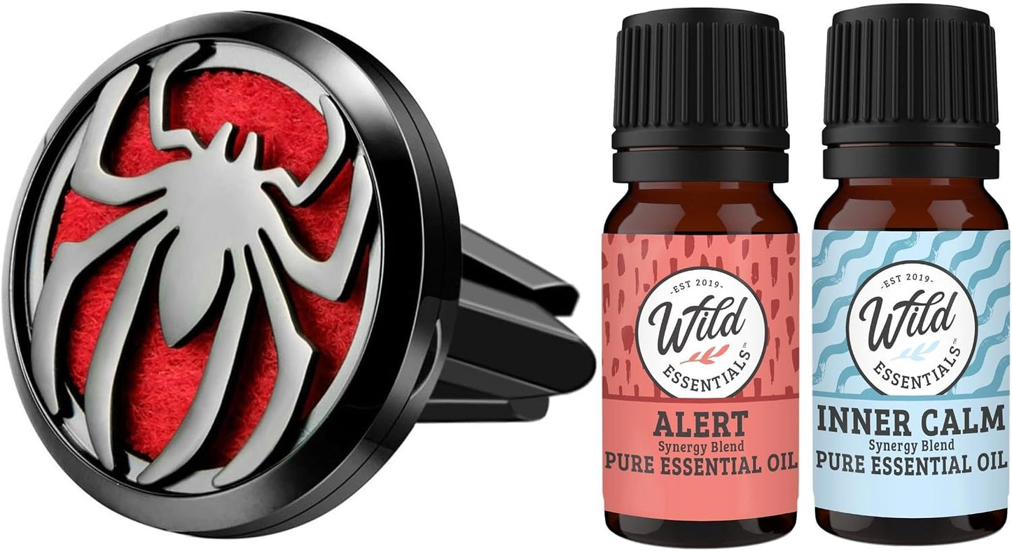 Wild Essentials Black Chrome Spider Car Vent Diffuser Kit – 316L Stainless Steel Locket, Rubber-Coated 4-Way Clip, 8 Color Pads (22mm), 25mm – Includes Alert & Inner Calm (2 x 10ml)