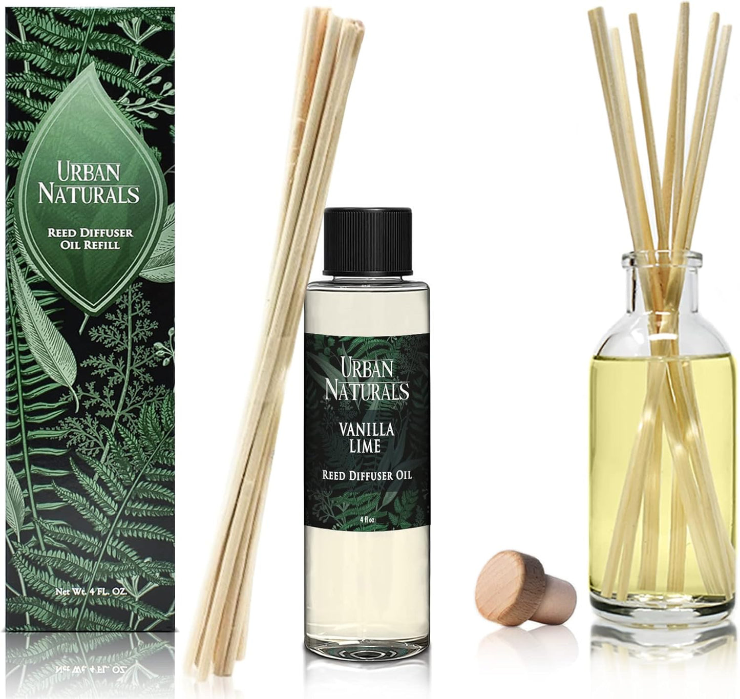 Urban Naturals Reed Diffuser Oil Refill, Vanilla Lime Citrus Essential Oils with Cane Sugar, Lime, Vanilla, 4 oz + Free Reed Sticks, Made in the USA