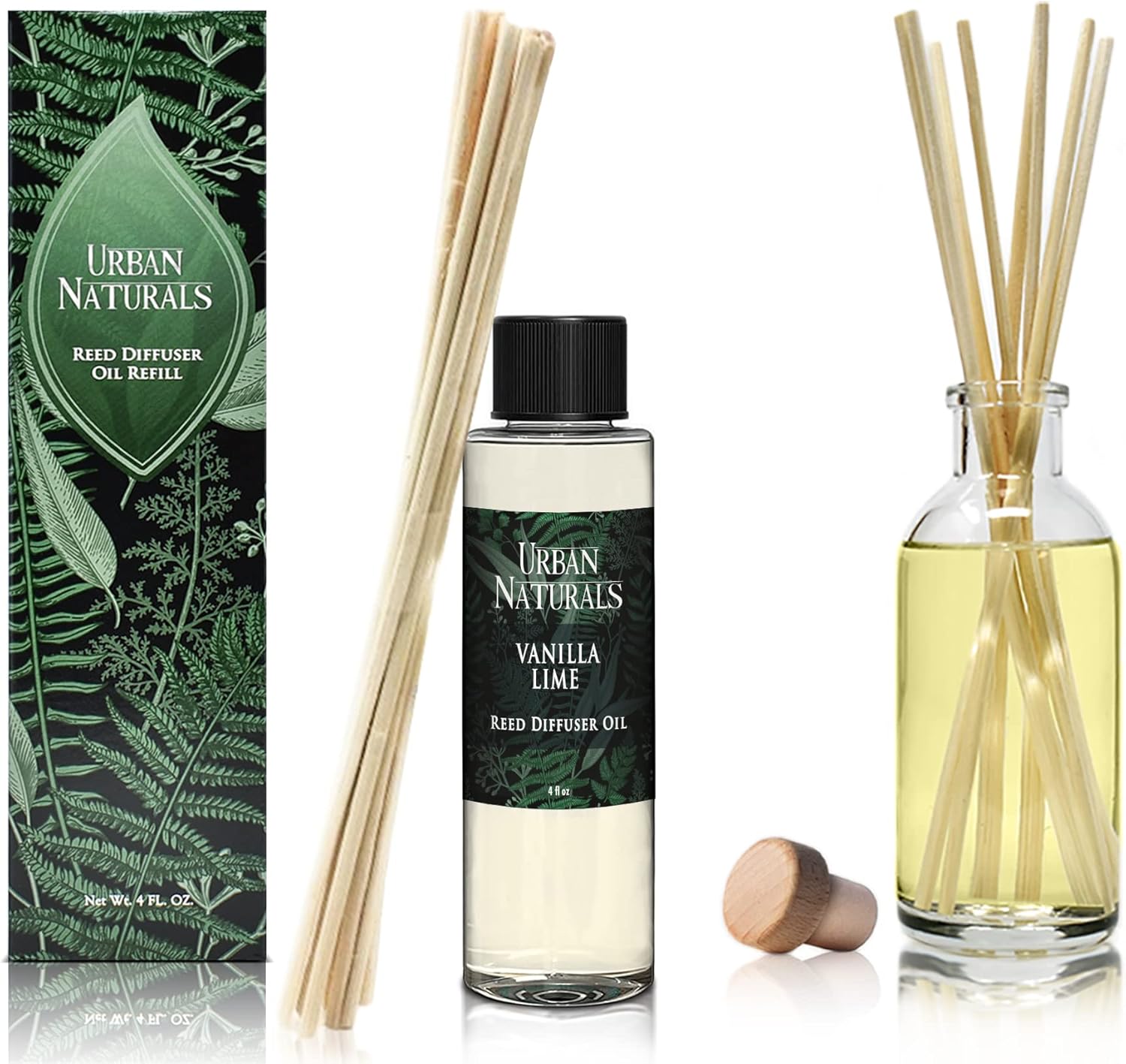 Urban Naturals Reed Diffuser Oil Refill, Vanilla Lime Citrus Essential Oils with Cane Sugar, Lime, Vanilla, 4 oz + Free Reed Sticks, Made in the USA