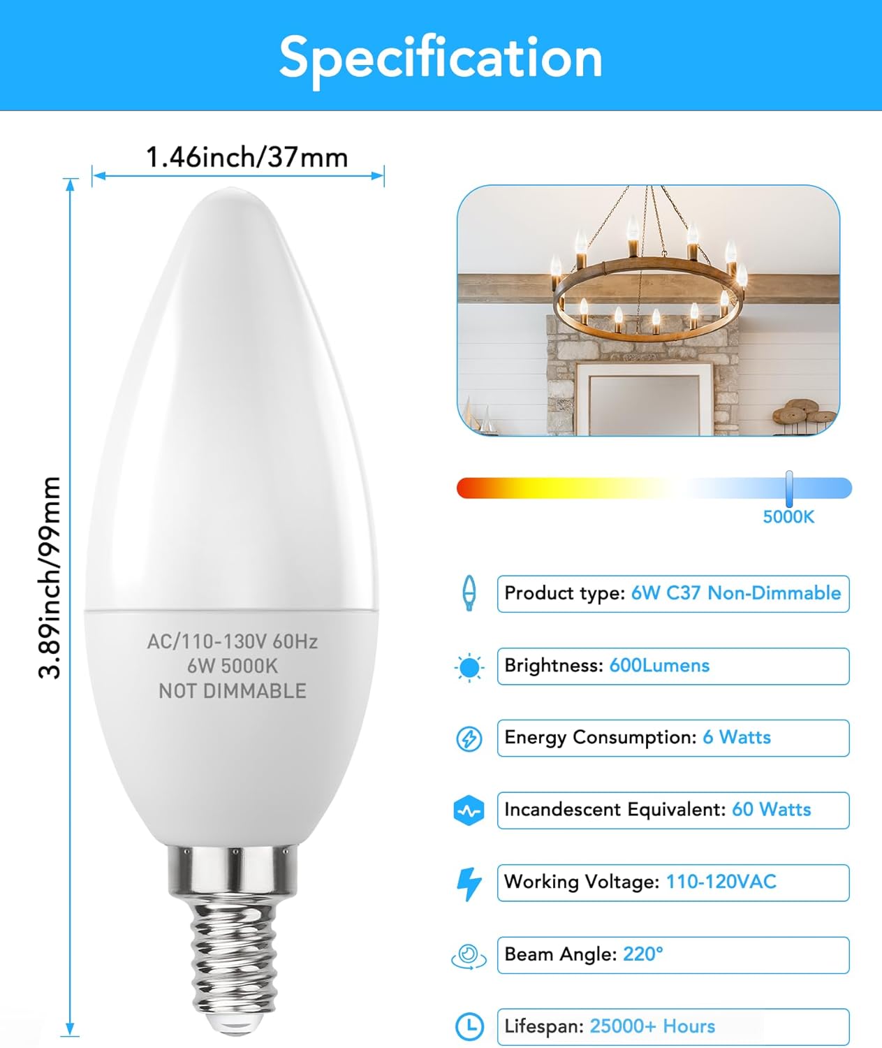 PARTPHONER E12 Base LED Light Bulbs B11 Candelabra Bulbs 60W Equivalent, Non-Dimmable 6W LED Bright Candle Small Base Chandelier Bulb 600 Lumen, 5000K Cold White for Ceiling Fan, Pack of 6