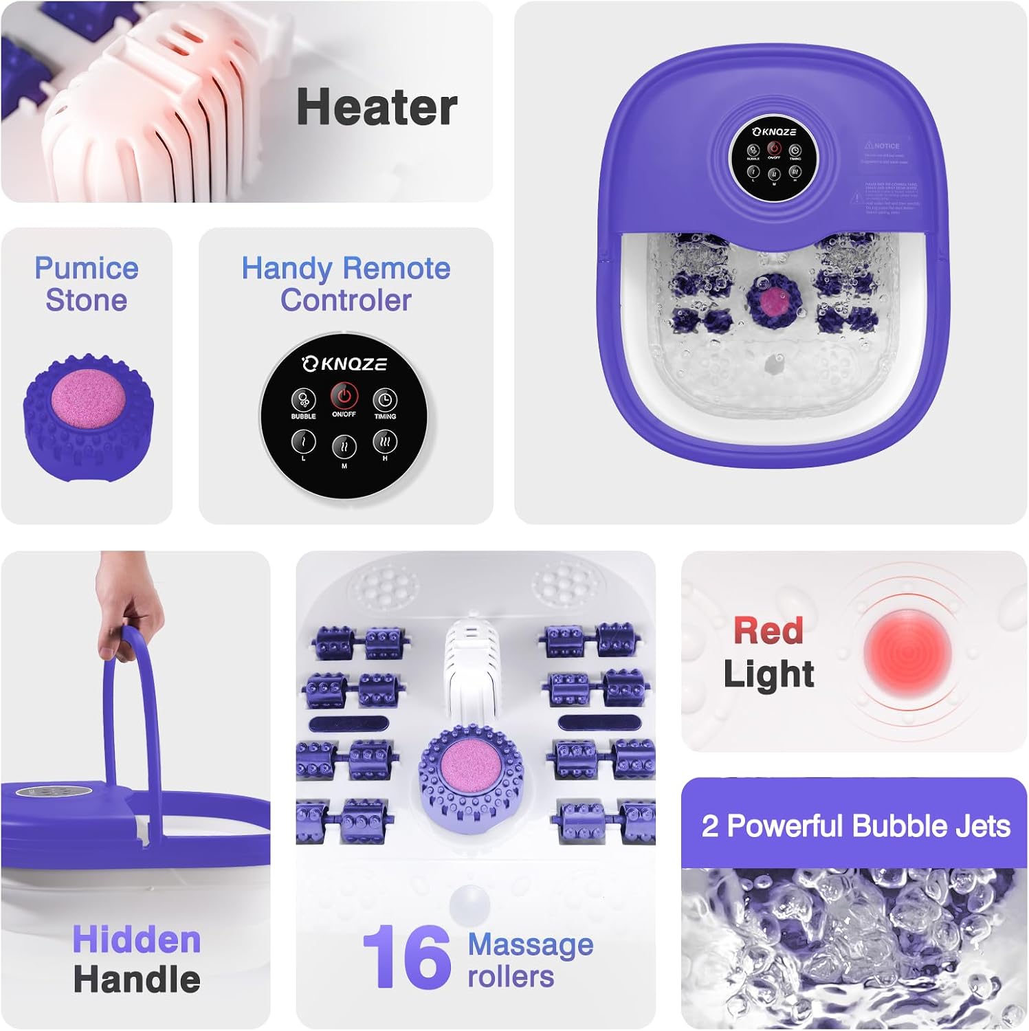 KNQZE Collapsible Foot Spa with Heat, Remote Control, Temperature Control, Bubbles, Pumice Stone, Red Light, Timer, 16 Massage Roller Pedicure Foot Bath Tub Foot Soaker for Feet Stress Relief, Purple