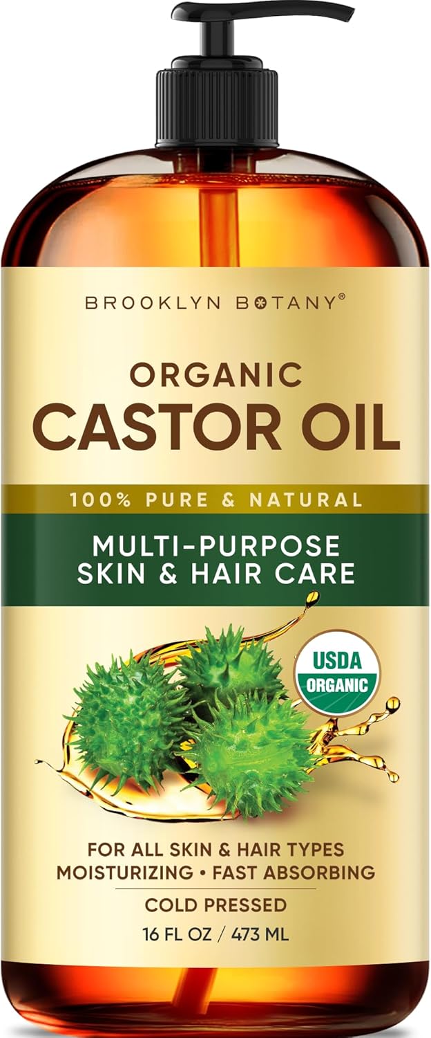 Brooklyn Botany Cold-Pressed Organic Castor Oil | 16 Fl Oz | Hair | Face | Body | 100% Pure and Natural | Carrier Oil | Aromatherapy | Massage | Ayurvedic Hair Care | Hexane-Free