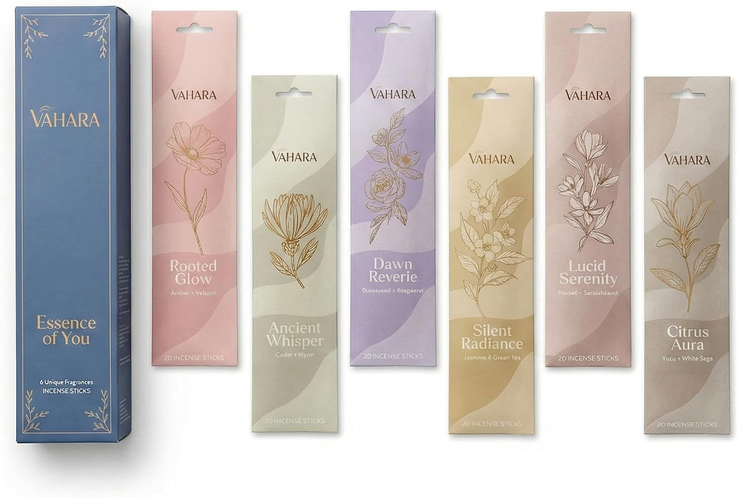 Incense Sticks Variety Pack – Natural Masala Incense Sticks, Premium VAHARA Hand-Rolled Incense for Home Fragrance, Aromatherapy & Meditation (Premium Vahara Essence of You, 6 Fragrance Packs)