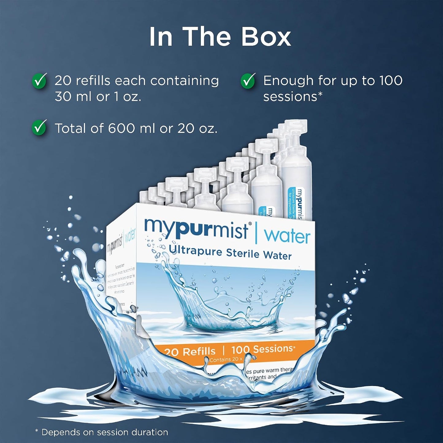 Mypurmist Ultrapure Sterile Water Refills for Steam Inhalers and Facial Steamers, Double Distilled, Sealed Refills, Box of 20 x 30 ml (600ml)