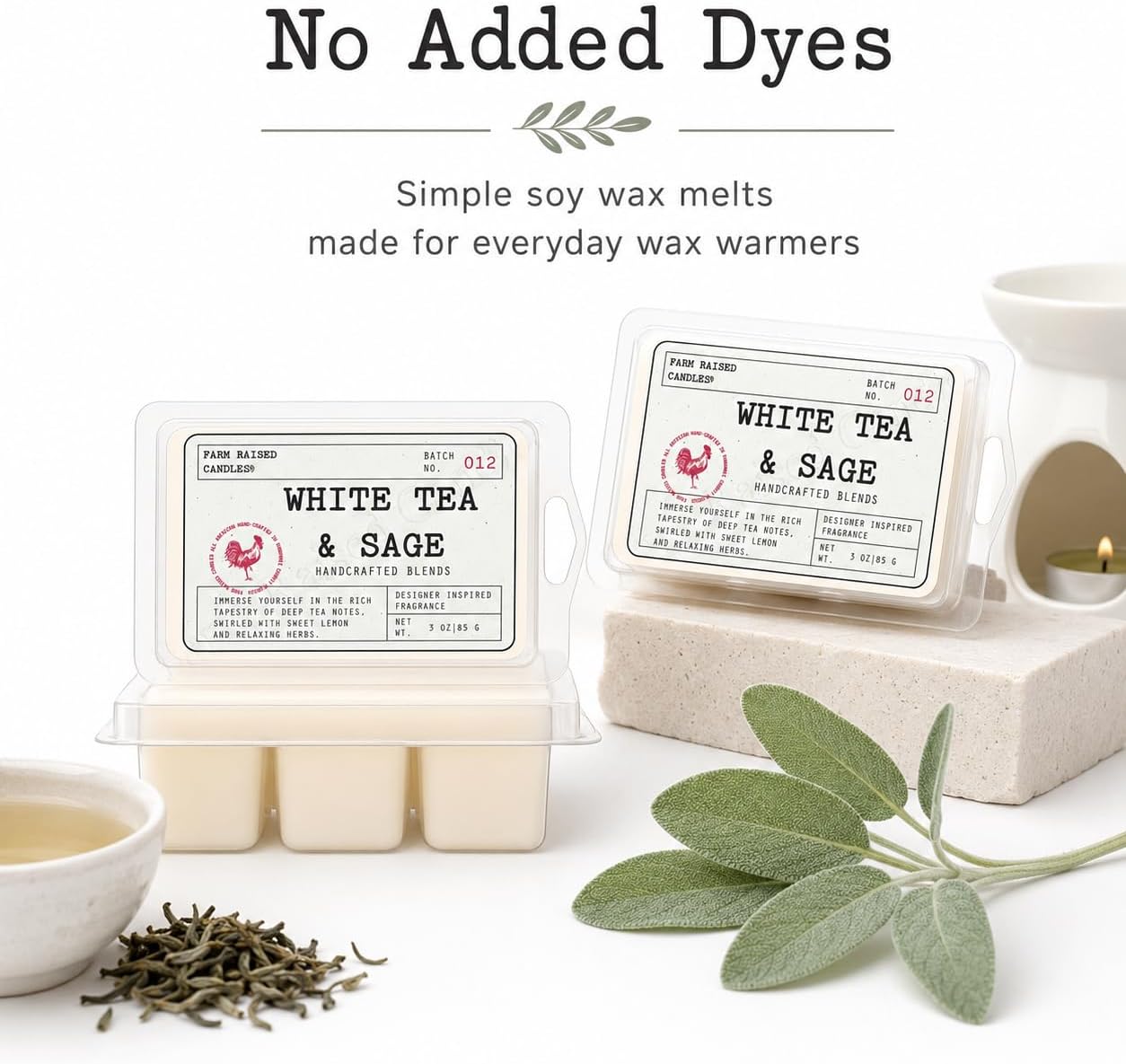 White Tea & Sage - USA Made Soy Wax Melts, 2 Pack, 6 oz | 2 clamshells, 6 oz total, 12 cubes • clean resort spa scent • USA-grown soy wax