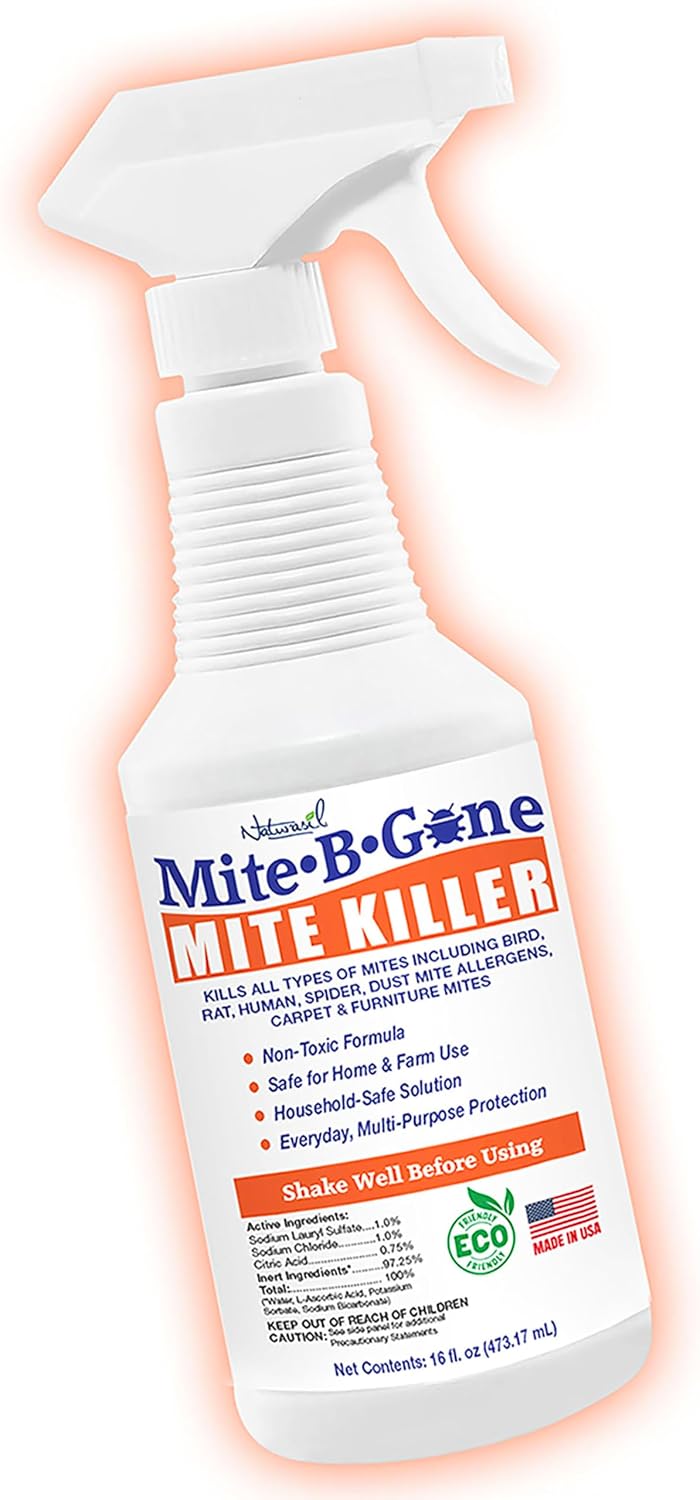 Dust Mite Killer Spray by Mite-B-Gone 16oz | Naturally Kills Human Mites, Chicken, Bird, Dust, Spider, Rat, Turkey, Carpet Mites | Family & Pet Safe Treatment for Homes, Furniture, Bedding & Farms