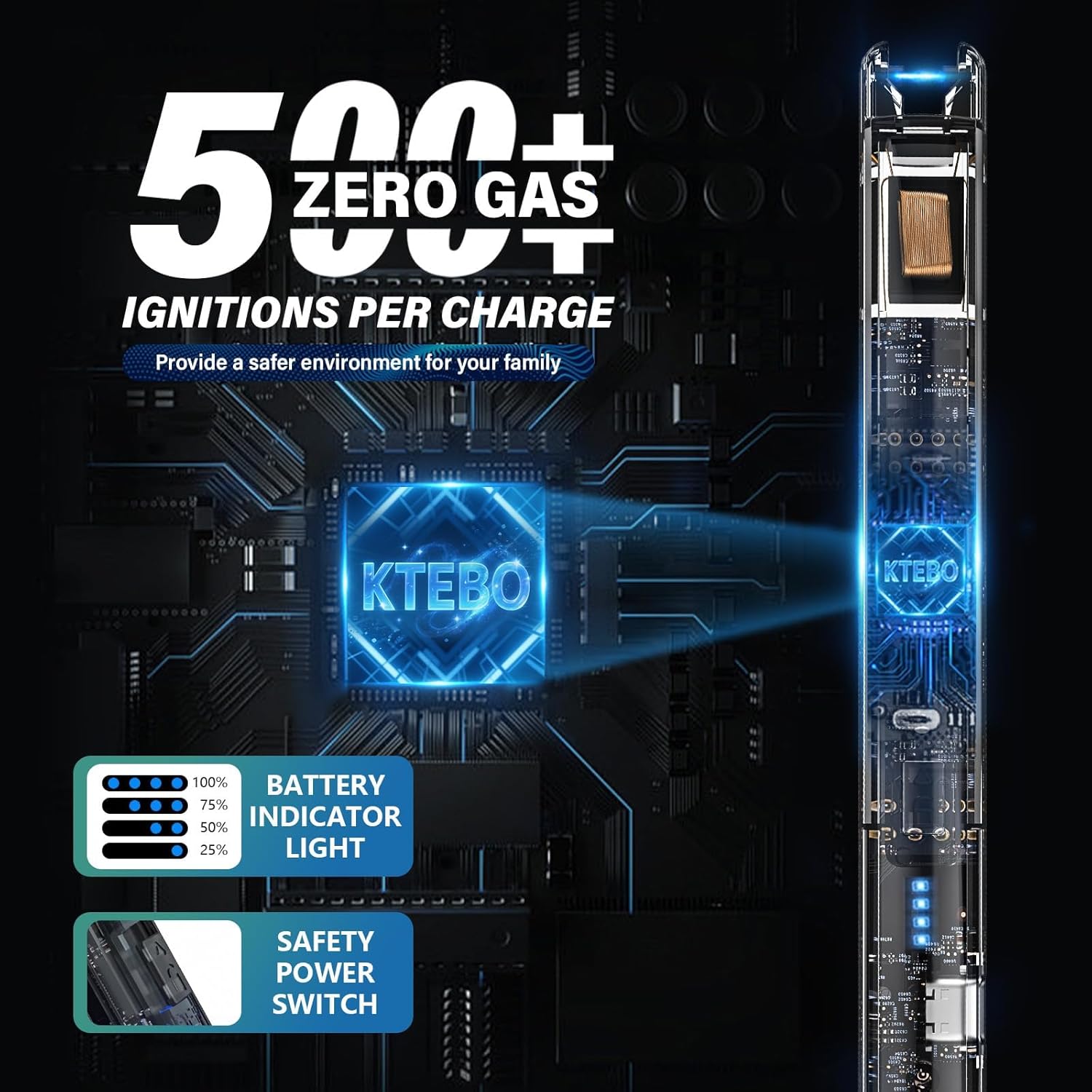 KTEBO® 2 Pack Electric Candle Lighters - 7.4 inch Long USB Rechargeable Plasma Arc Lighter with Safety Lock, Windproof Lighter for Candles, Grill, Camping - See-Through Tech Design, Stocking Stuffers