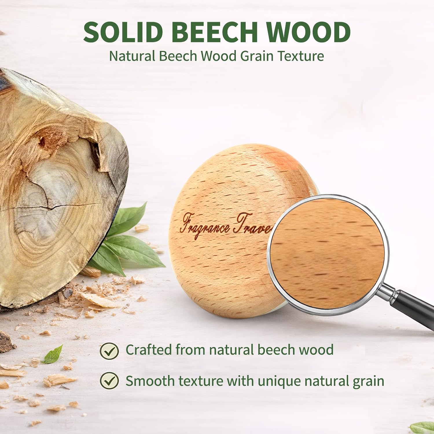 Wooden Car Air Freshener Vent Diffuser, Light Brown Beech Wood with Zinc Alloy Base, Refillable Essential Oil Compatible Car Vent Clip, Includes 4 Scented Pads, Long Lasting Natural Diffuser