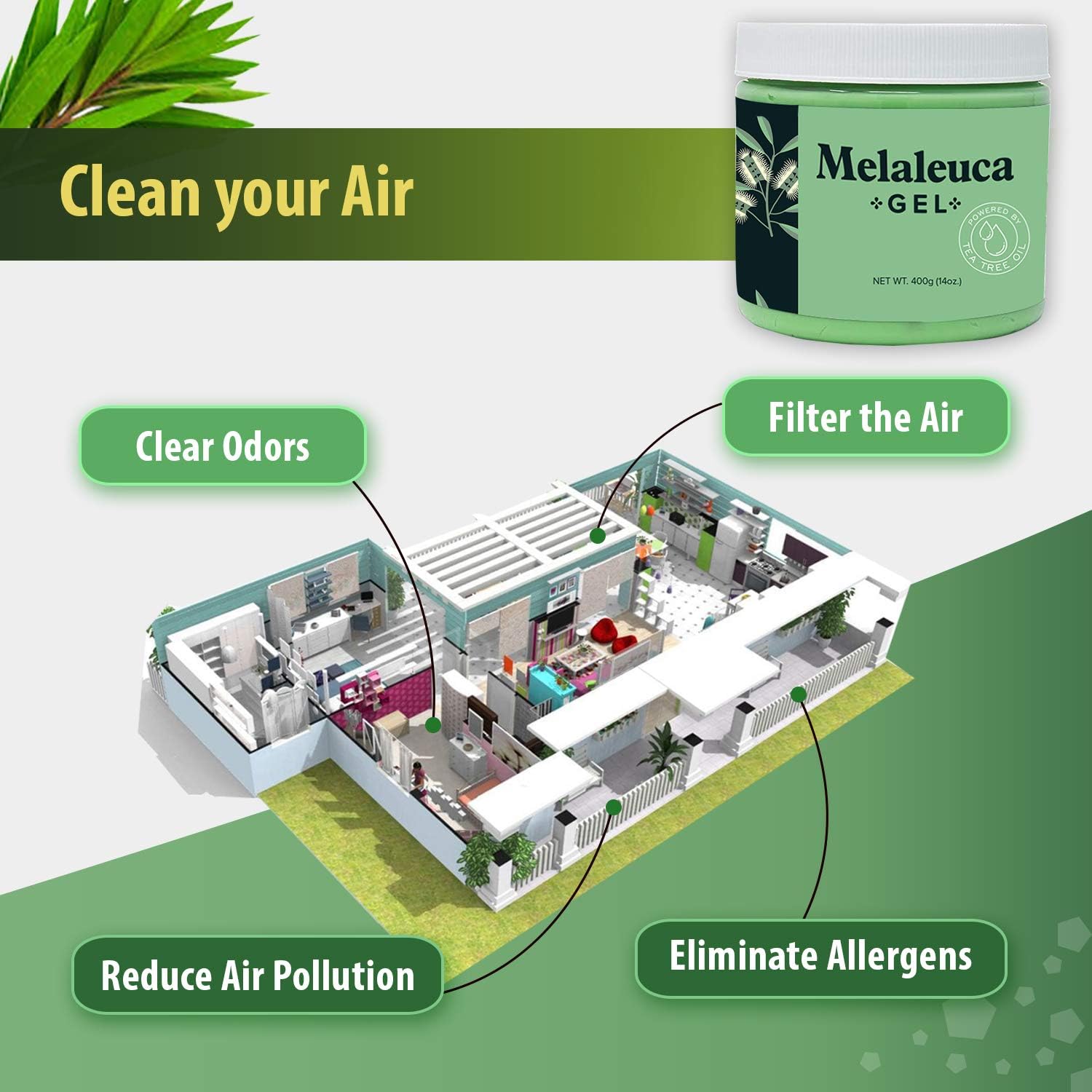 Melaleuca Gel All Natural Odor Eater with 100 Percent Australian Tea Tree Essential Oil that naturally cleans the air of allergens. Clean air in moist basements, RV's, Boats, and more (28 oz)