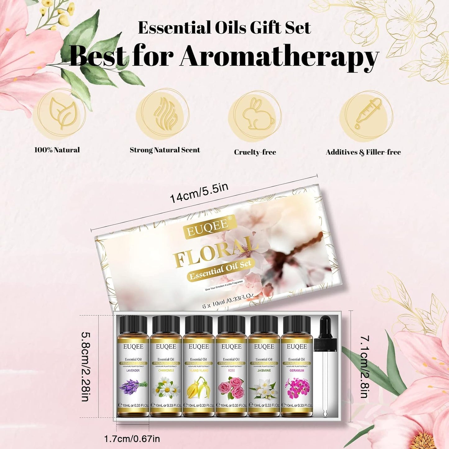 EUQEE 6 Pcs Pure Essential Oils Set, Premium Floral Scent Kit for Aromatherapy Diffuser, DIY Body Care, Home Fragrance, Massage– Lavender, Rose, Ylang Ylang, Jasmine, Geranium, Chamomile