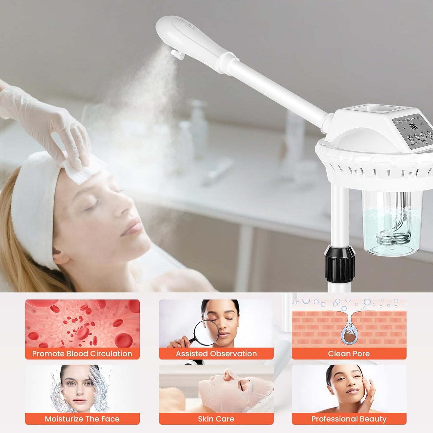 Facial Steamer Professional for Deep Cleansing and Hydration, Face Steamer for Estheticians with Adjustable Height, Spa Ozone Steamer on Wheels, Suitable for Home and Beauty Spa Salon Use