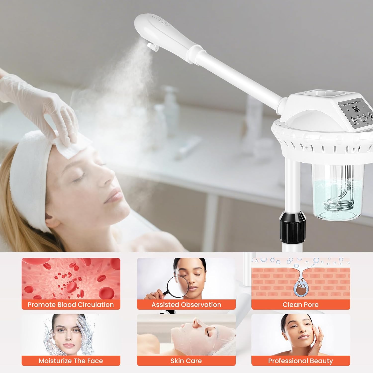 Facial Steamer Professional for Deep Cleansing and Hydration, Face Steamer for Estheticians with Adjustable Height, Spa Ozone Steamer on Wheels, Suitable for Home and Beauty Spa Salon Use