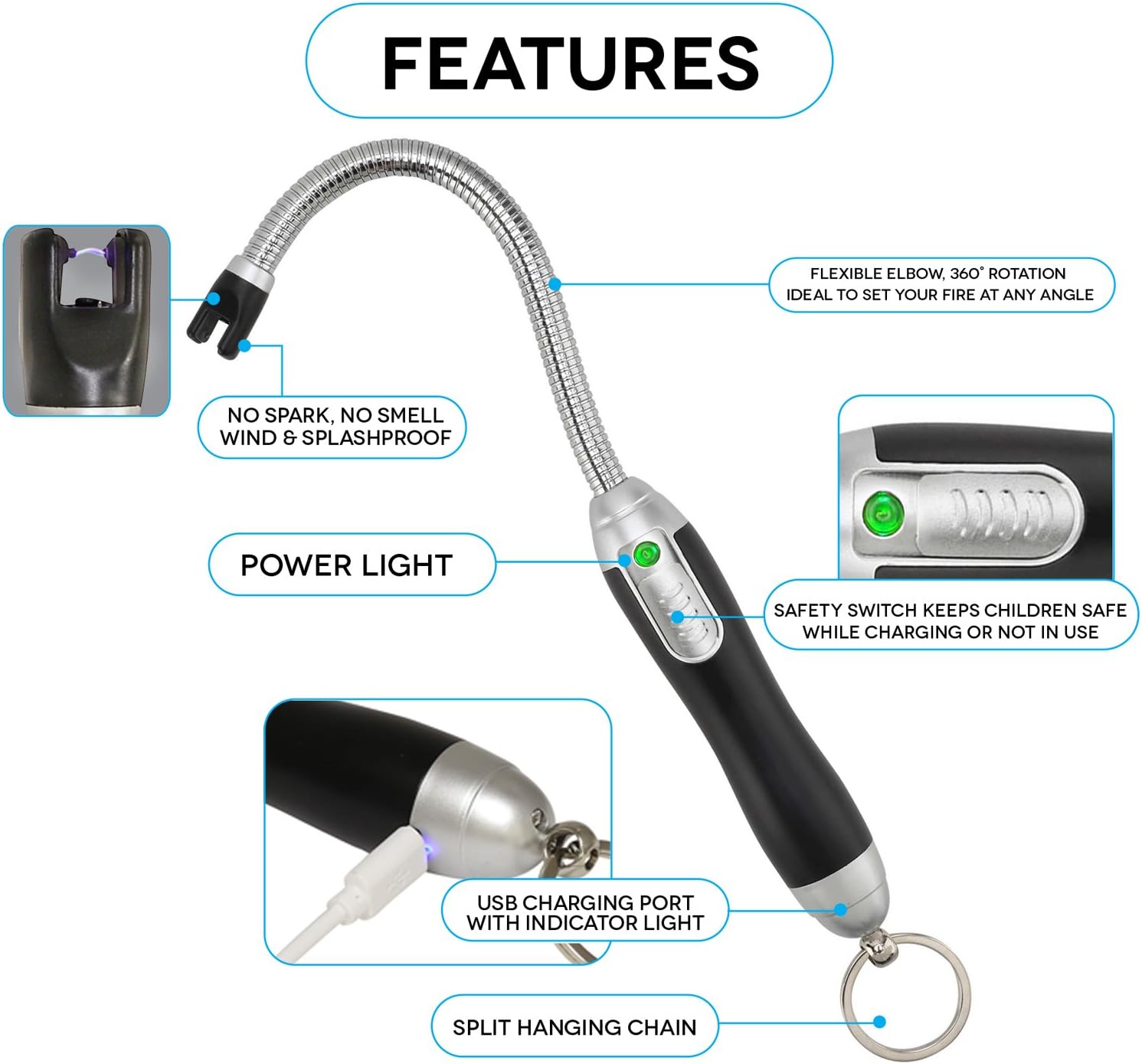 Electric Arc Multipurpose Lighter with Long Flexible Neck, USB Rechargeable, (Black)