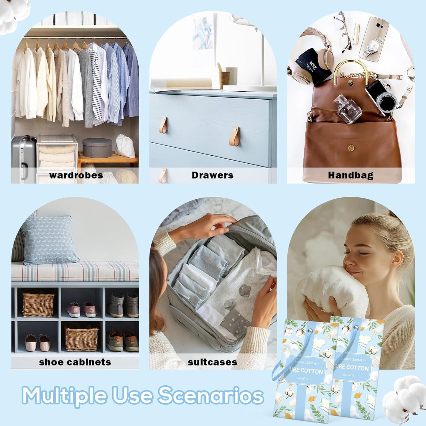 SCENTORINI Scented Sachets for Drawers and Closets, Pure Cotton Scent 14 Pack, Home Fragrance Sachets Bags Wardrobe Freshener for Dresser, Closets, Clothes Storage, Small Space, Suitcases