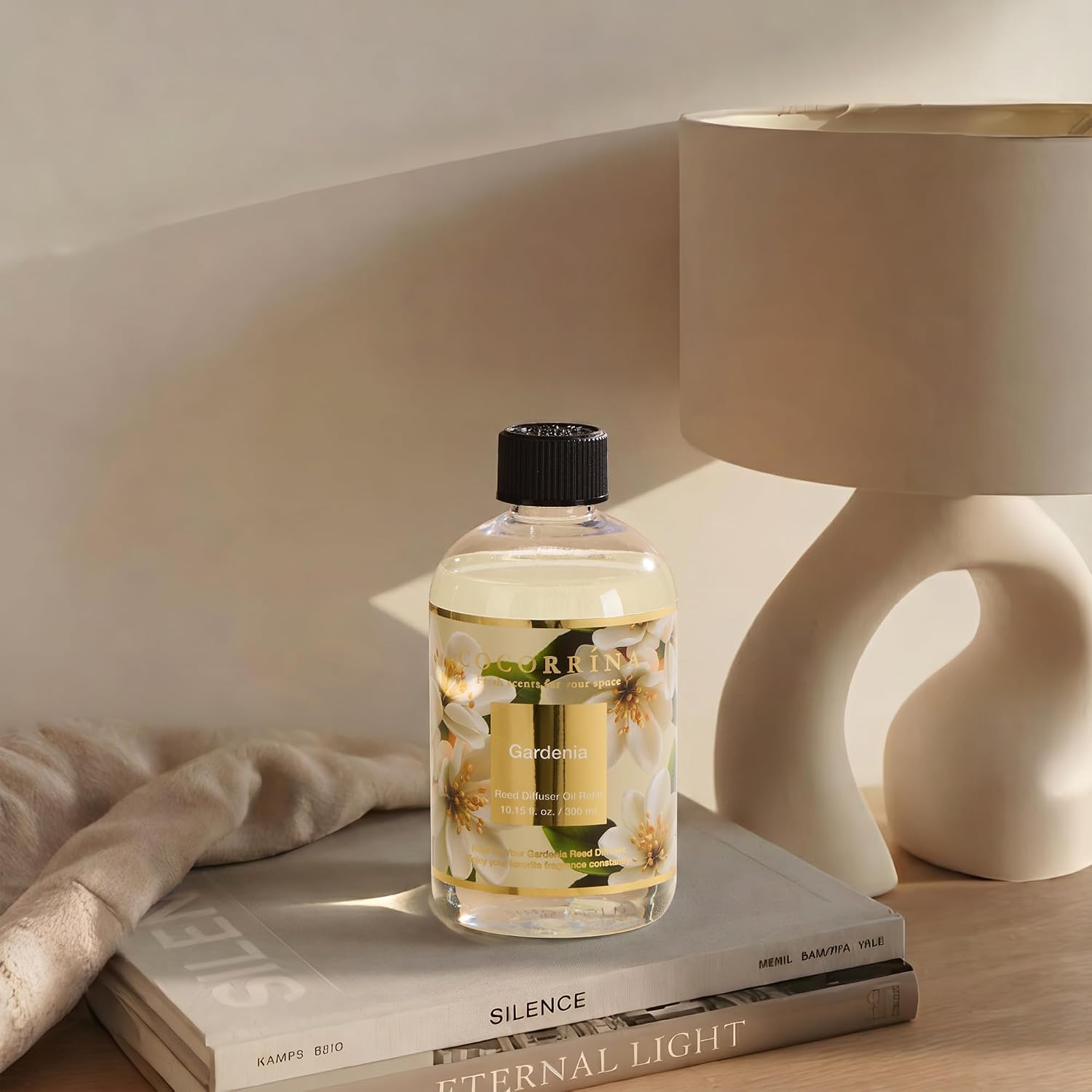 Cocorrína Reed Diffuser Refill Gardenia 10.2oz (300ml) with 8 Sticks - Premium Long-Lasting Floral Essential Oil, Home Fragrance for Bedroom, Bathroom Home Decor