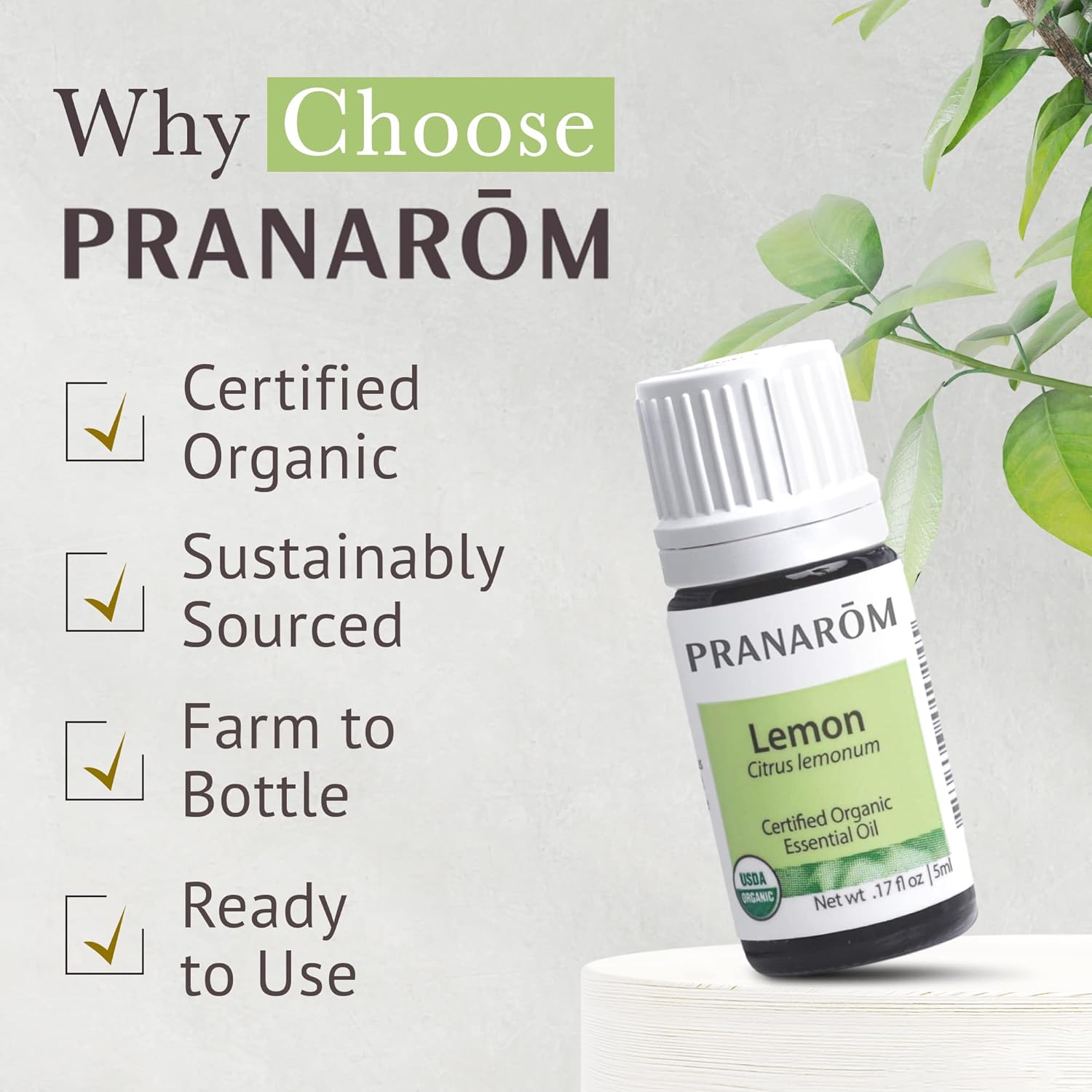 Pranarom USDA Certified Organic Lemon Essential Oil (5ml), 100% Pure Undiluted Therapeutic Grade from Argentina for Aromatherapy, Diffuser, DIY, Cleaning, Fresh Lemon Scent