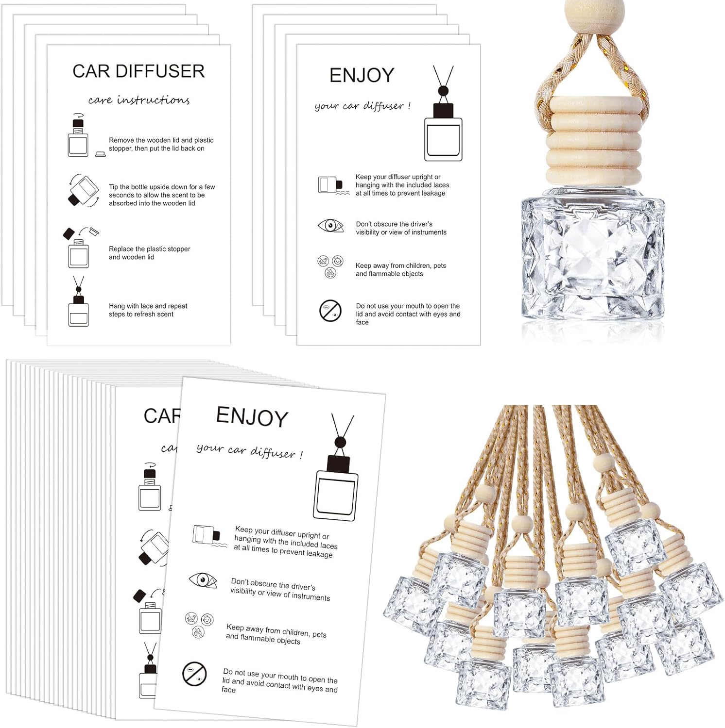 Boao 50 Sets Hanging Car Air Freshener Diffuser Bottles with 2 x 3.54 Inch Car Diffuser Instructions Cards for Empty Essential Oil Bottles (White Card,Round Diamond)