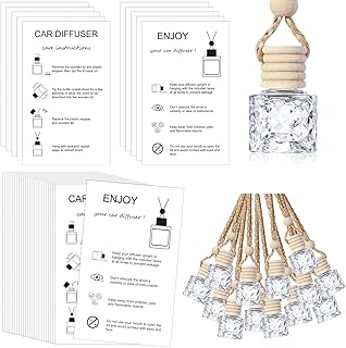 Boao 50 Sets Hanging Car Air Freshener Diffuser Bottles with 2 x 3.54 Inch Car Diffuser Instructions Cards for Empty Essential Oil Bottles (White Card,Round Diamond)